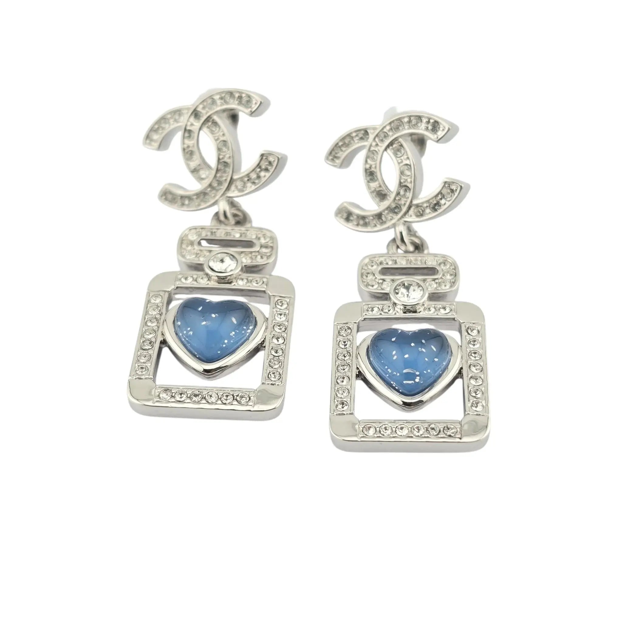 Chanel CC Silver Blue Heart Bottle Drop Earrings 2025 CHANEL