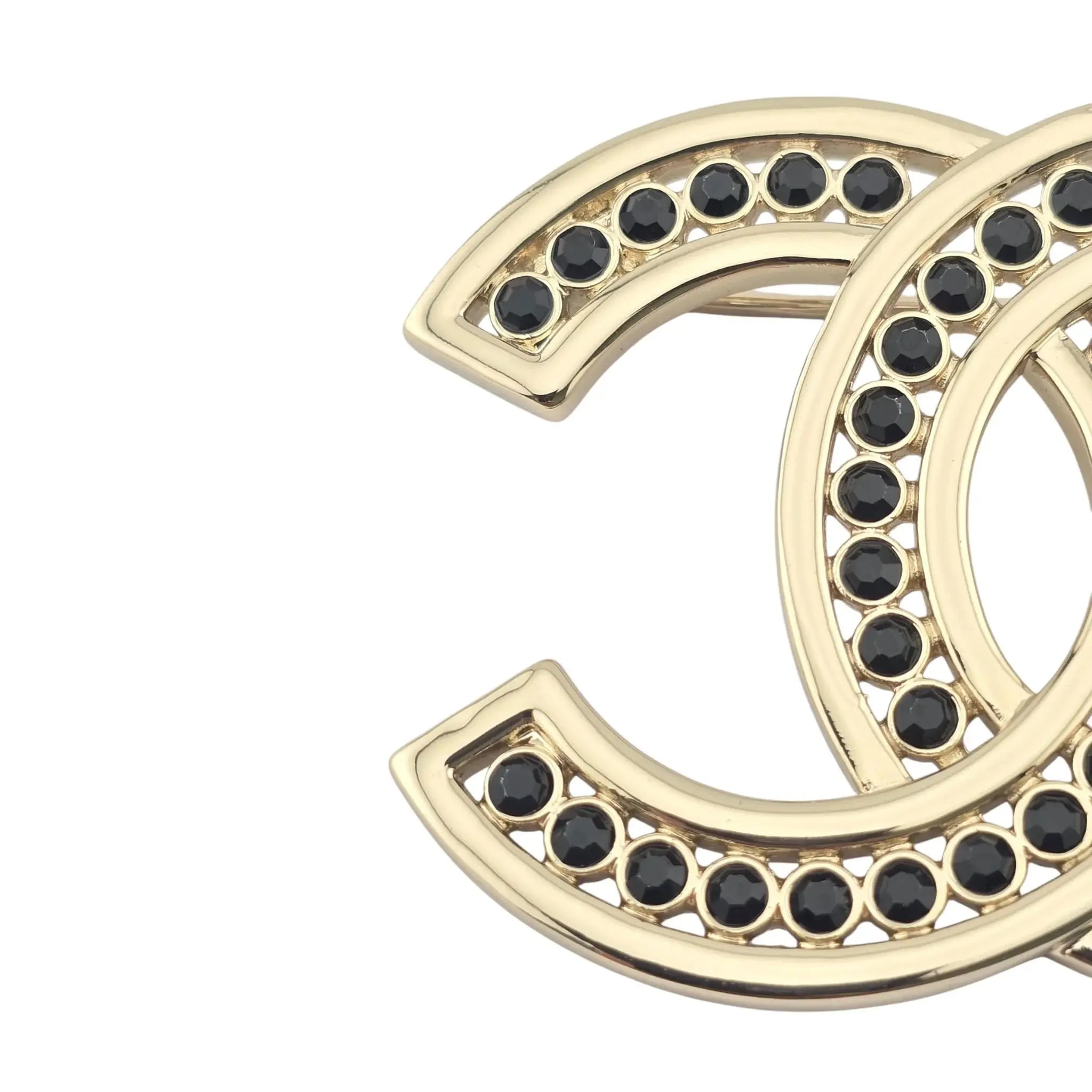 Chanel CC Metal Crystal Brooch Gold Black CHANEL