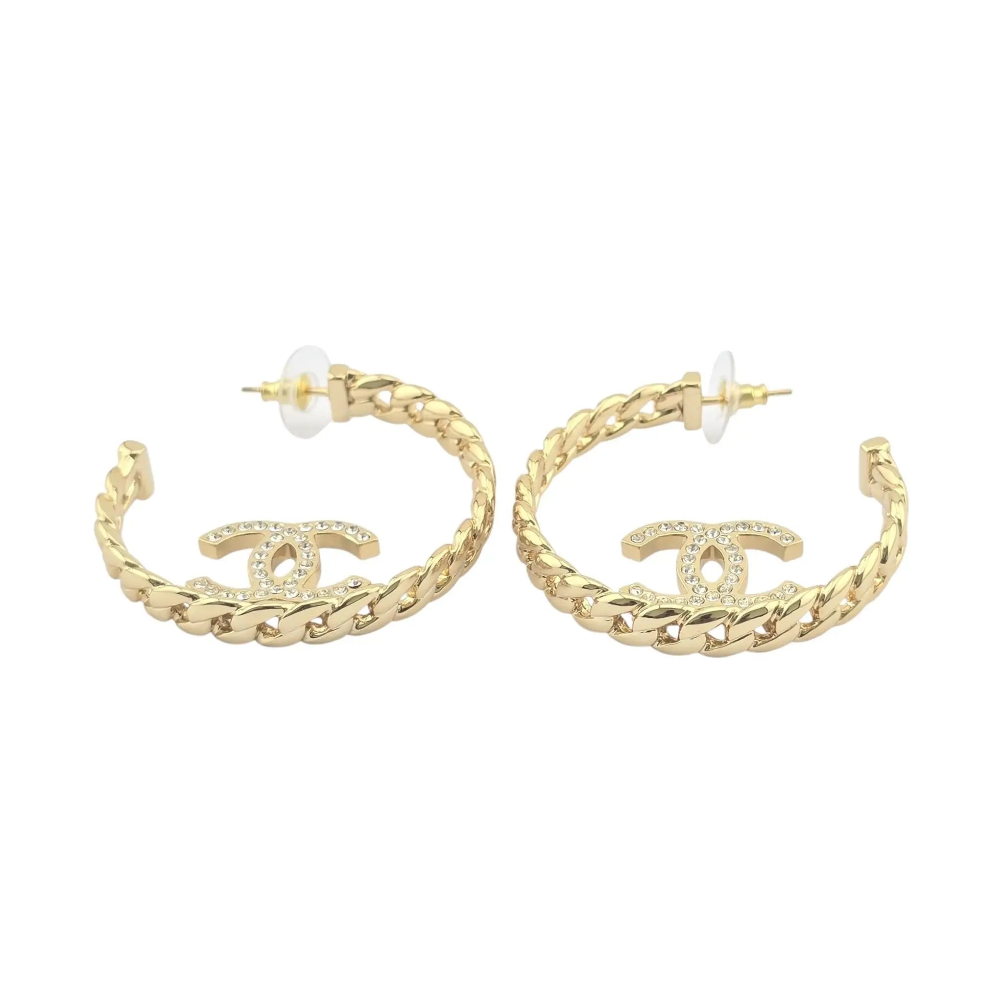 Chanel CC Crystal Hoop Earrings Gold CHANEL