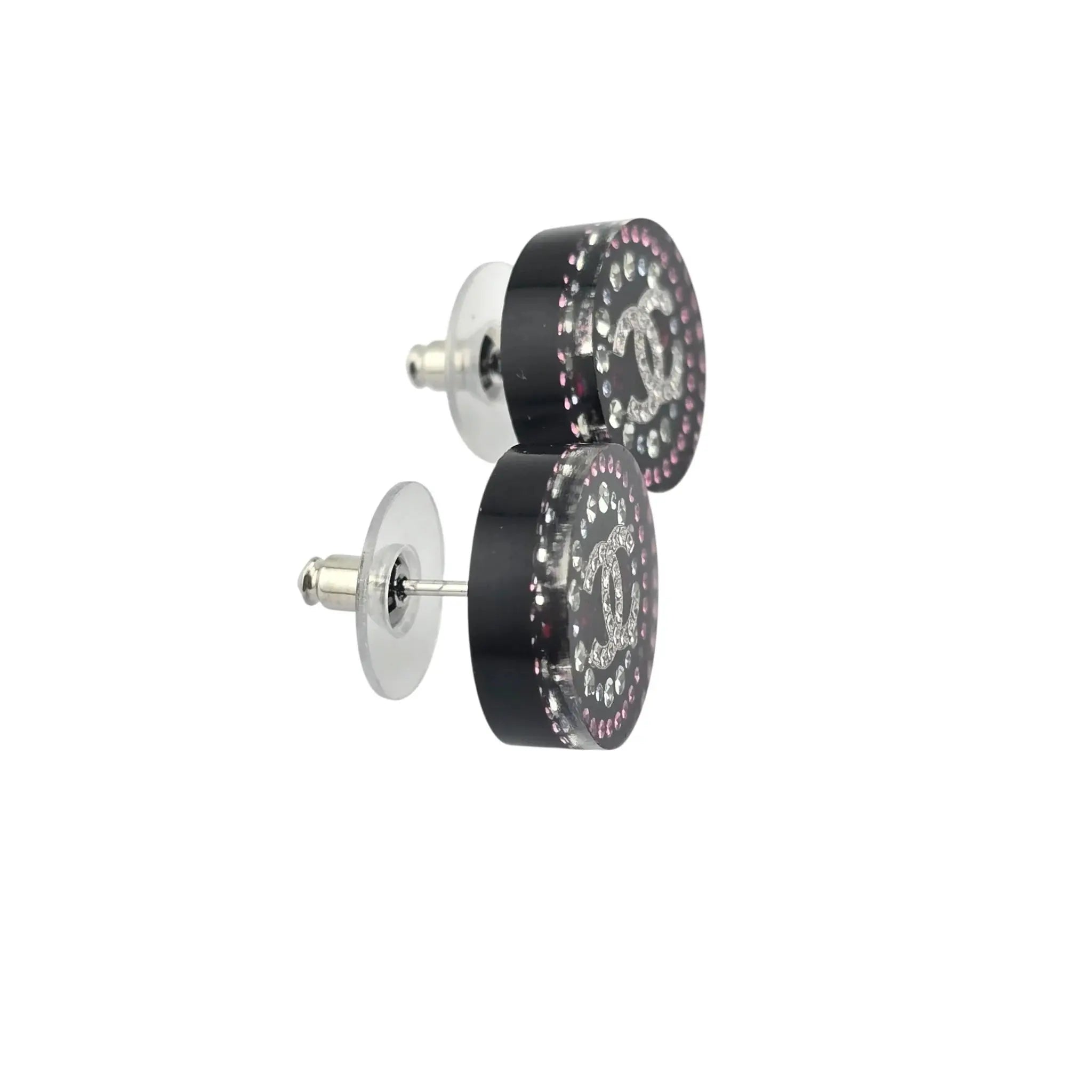 Chanel CC Resin Round Black Stud Crystal Earrings 2025 CHANEL