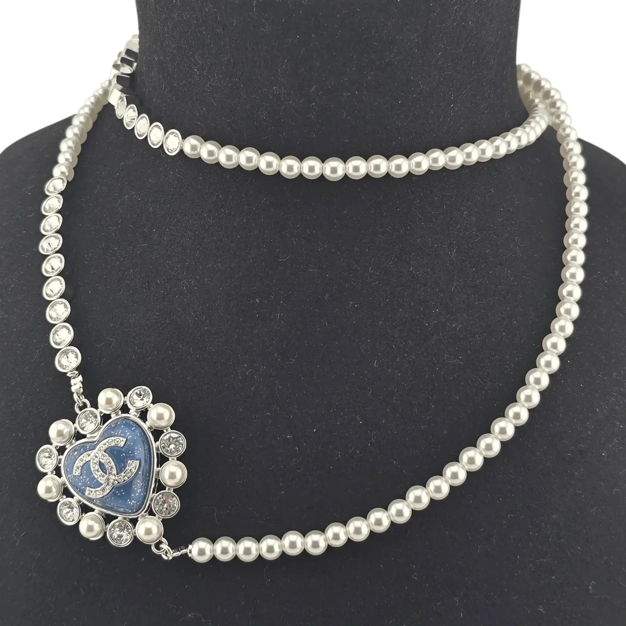 Chanel CC Long Faux Pearl Necklace Blue Heart 2025 CHANEL