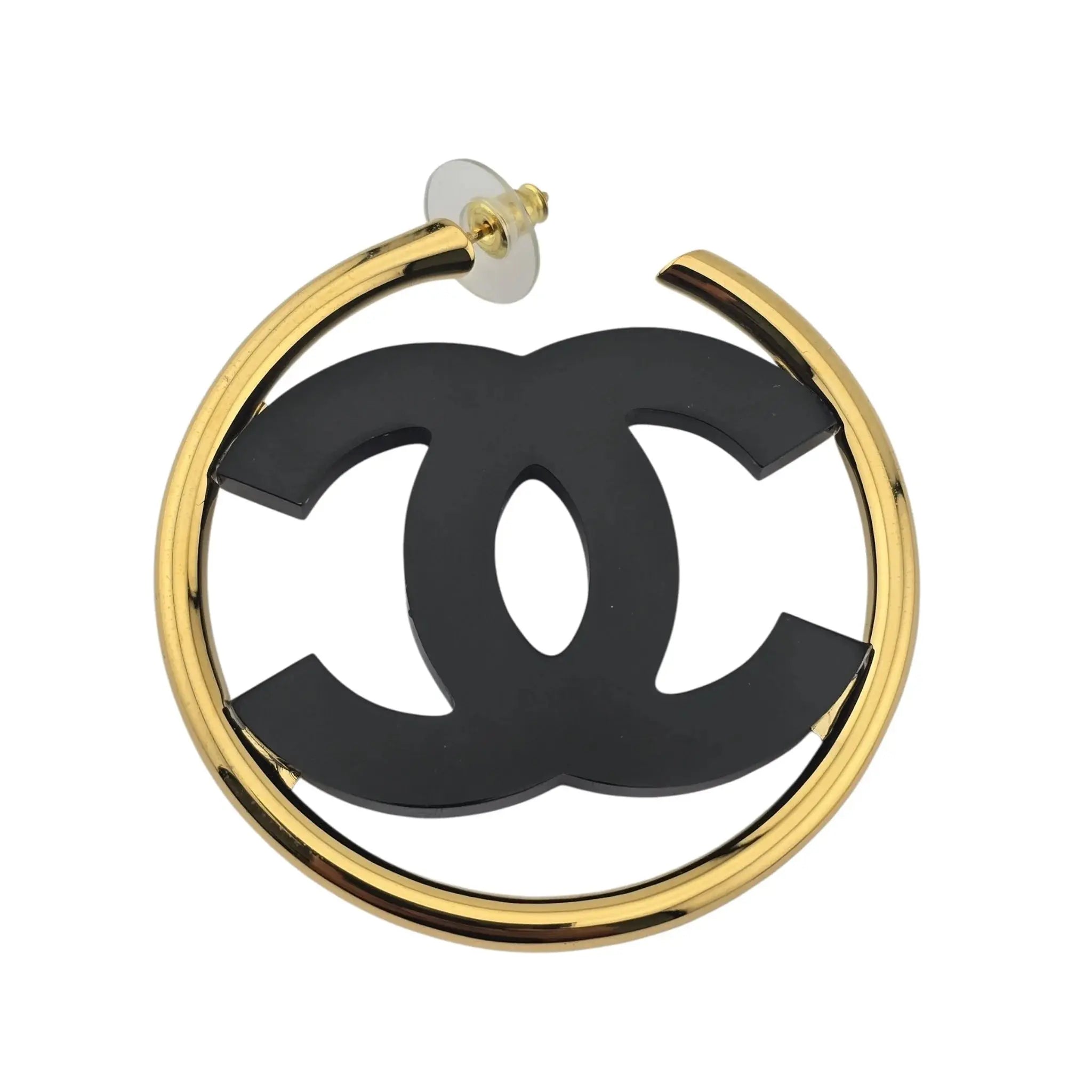 Chanel CC Black/Gold Hoop Earrings B24 CHANEL