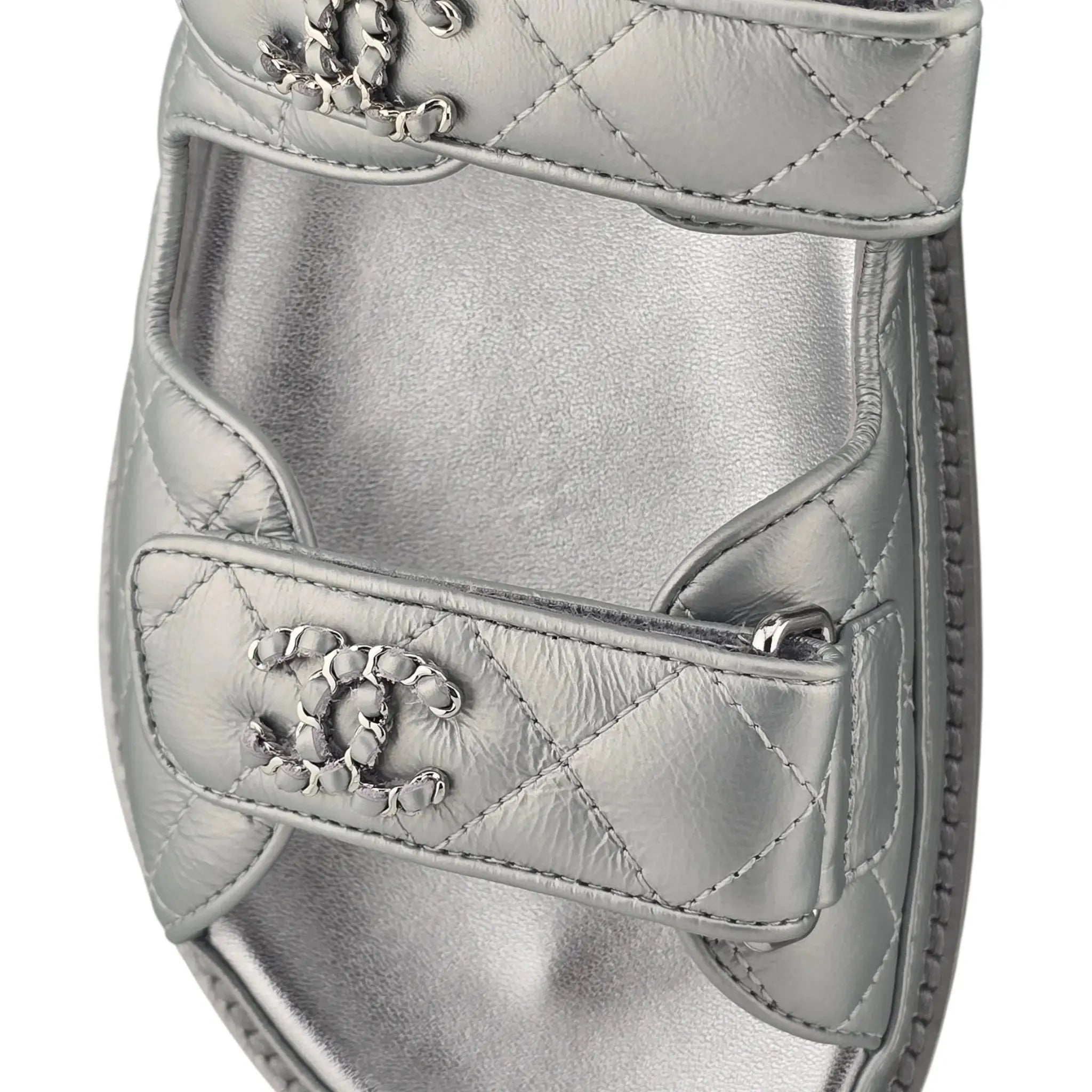 Chanel CC Silver Metallic Leather Dad Sandals CHANEL