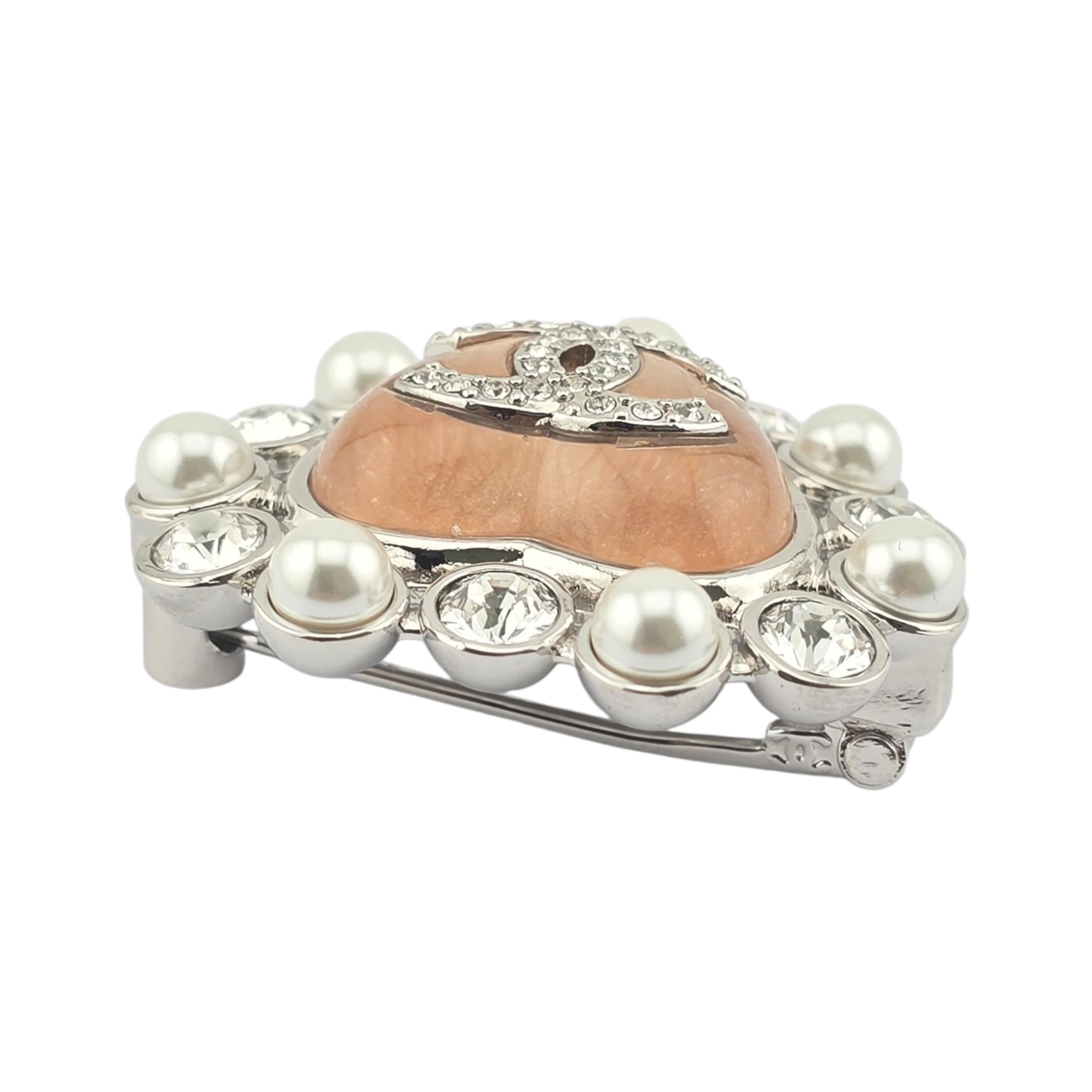 Chanel CC Silver Pink Heart Crystal Faux Pearl Brooch 2025 CHANEL