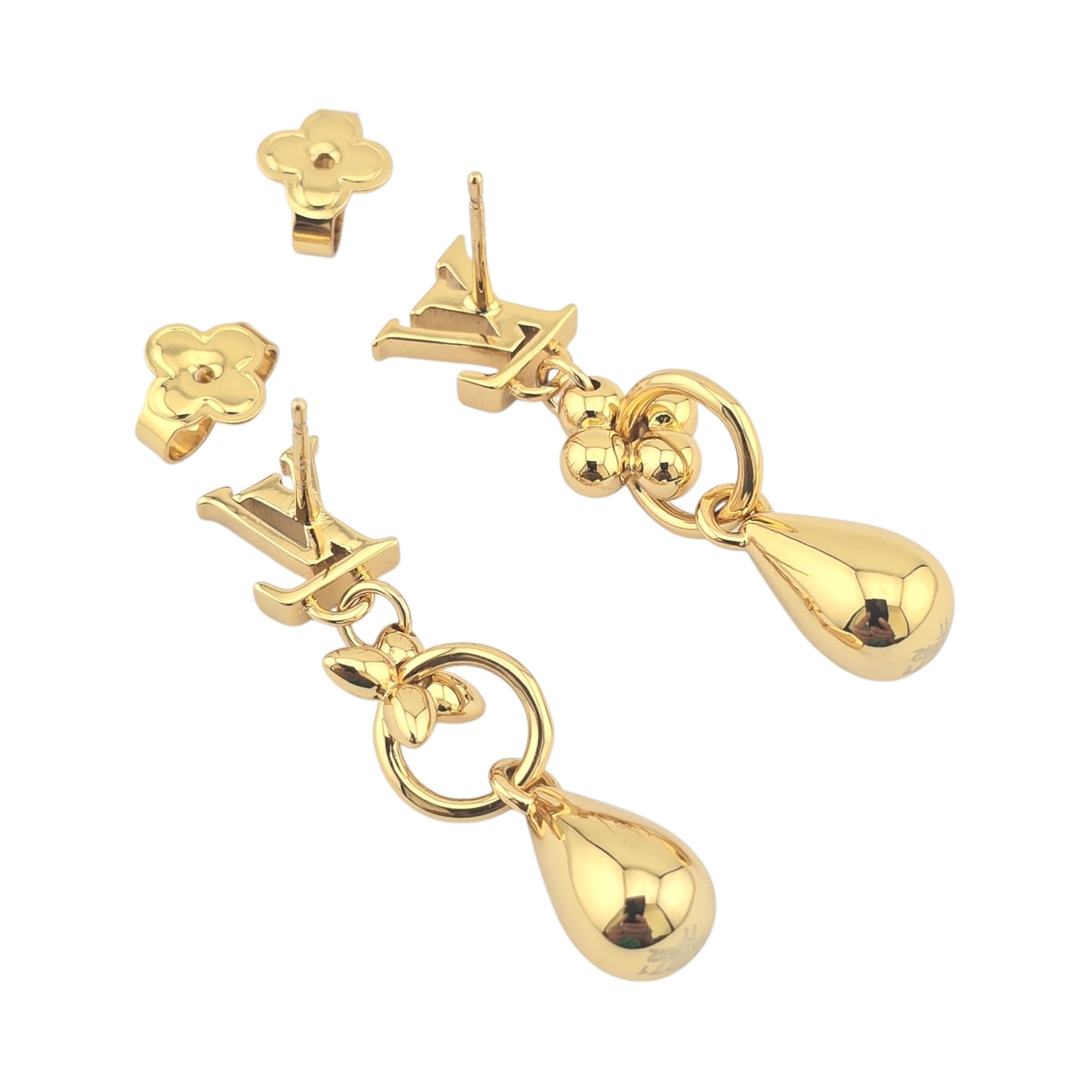 Louis Vuitton LV Flower Drop Gold Metal Earrings