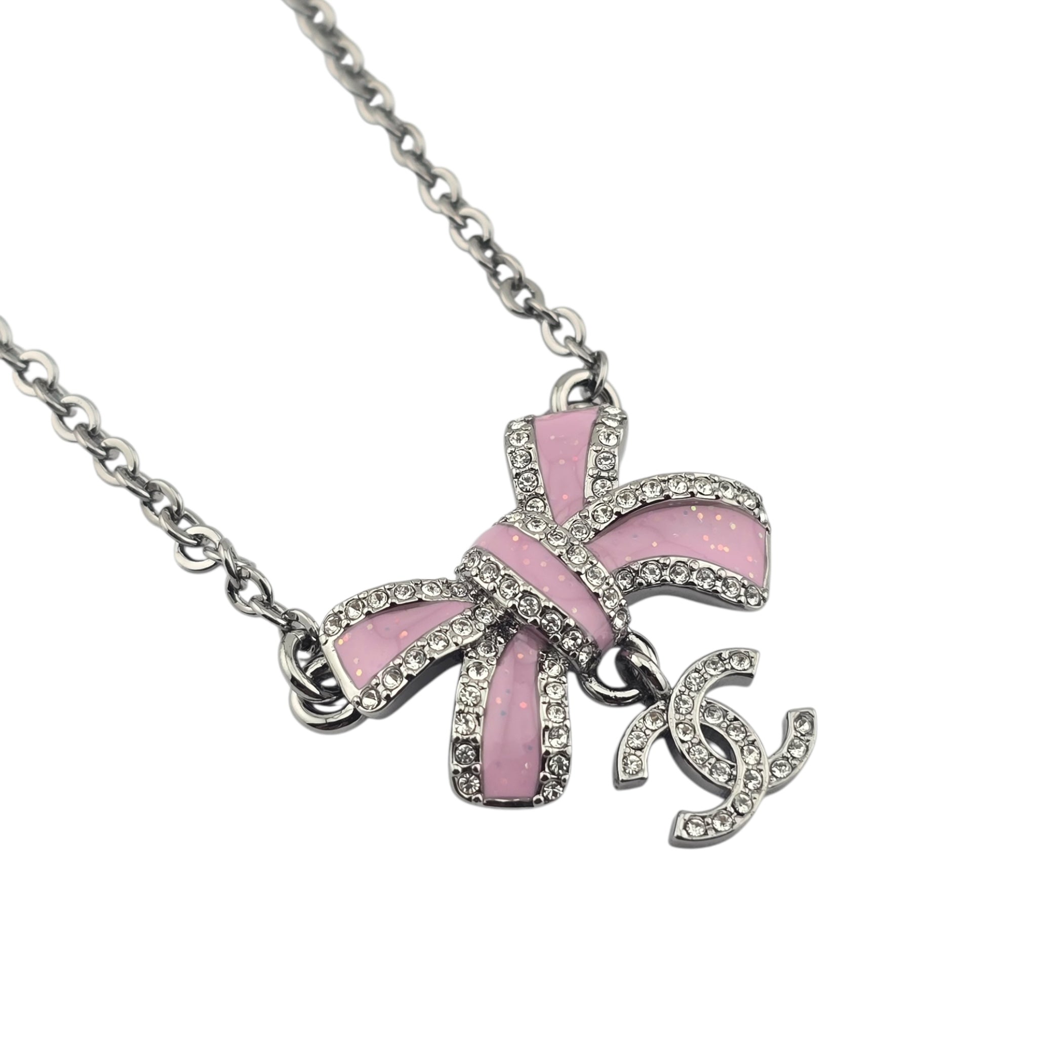 Chanel CC Silver Crystal Enamel Bow Necklace 2025