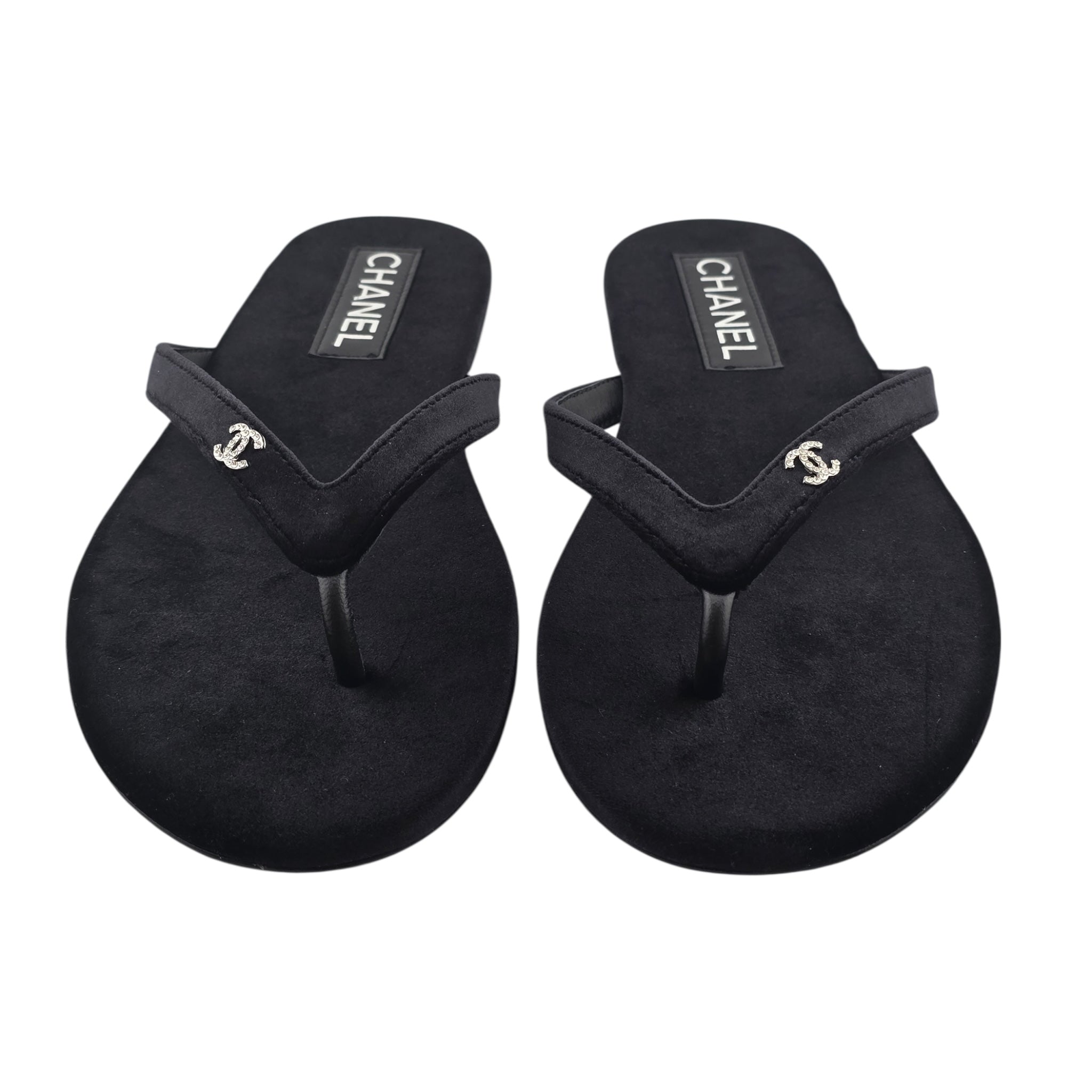 Chanel CC Black Velvet Crystal Thong Sandals 39