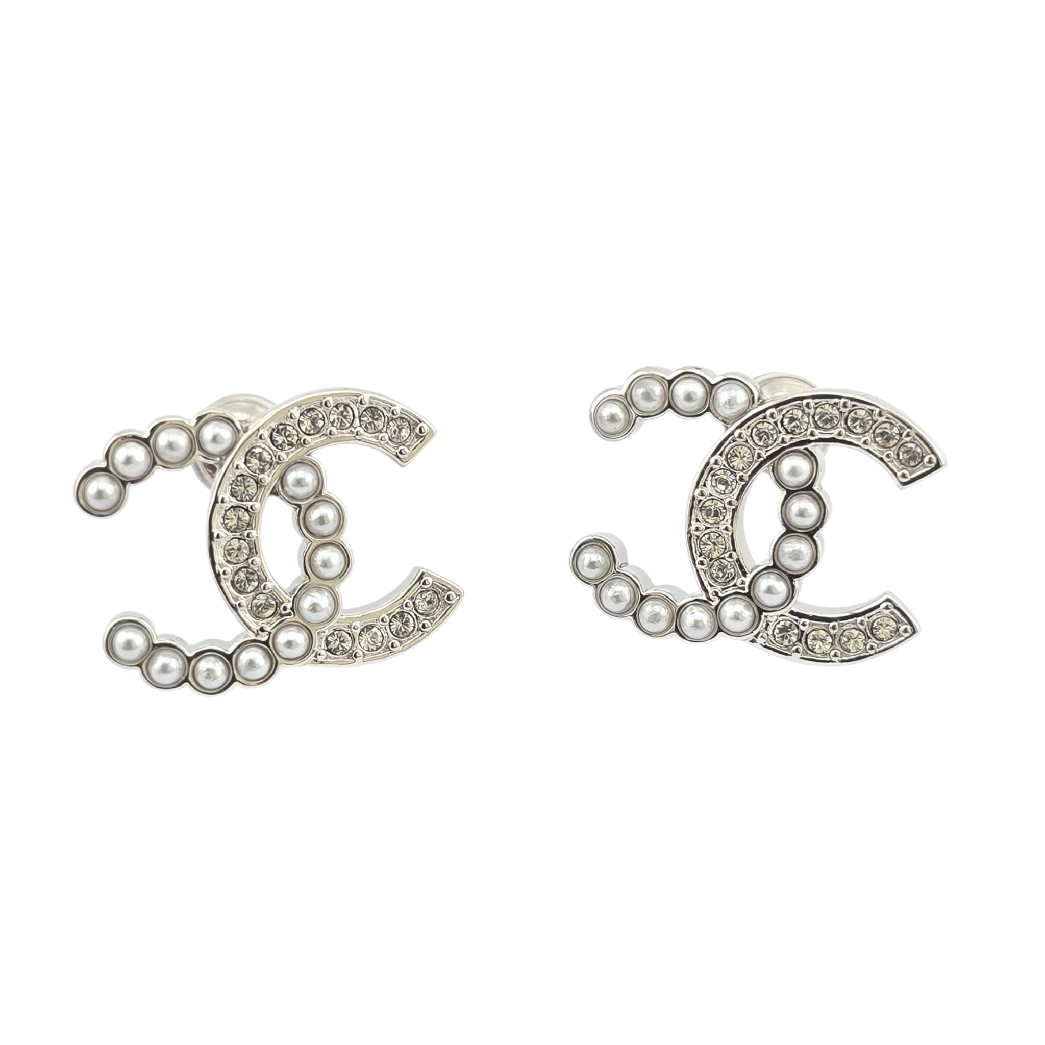 Chanel Pearl Crystal CC Earrings Silver Pearly White