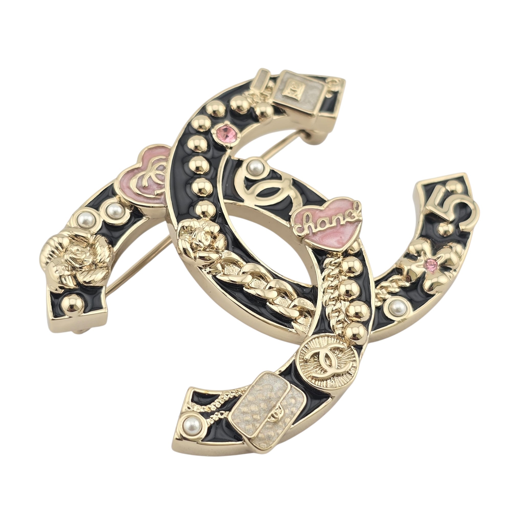Chanel CC Black Gold Enamel Brooch 2024