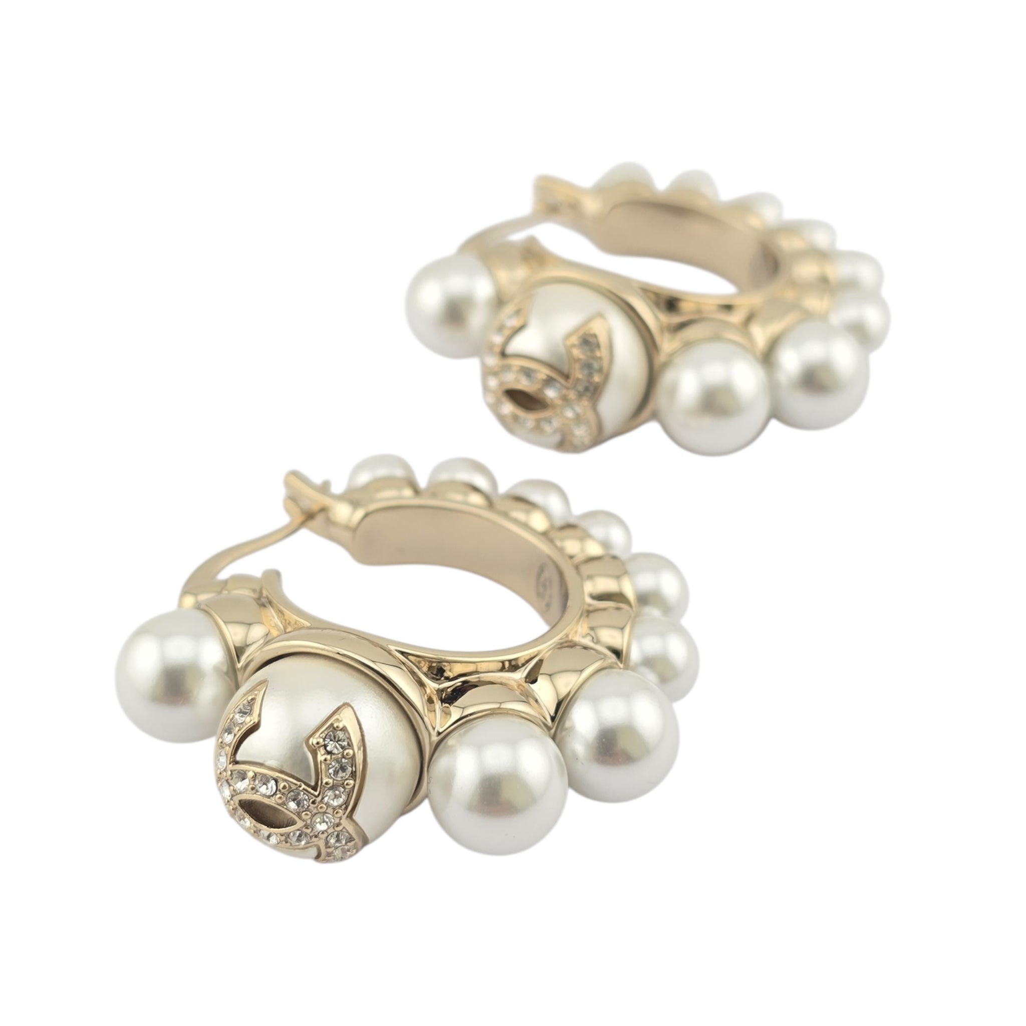 Chanel CC Gold Faux Pearl Hoop Earrings