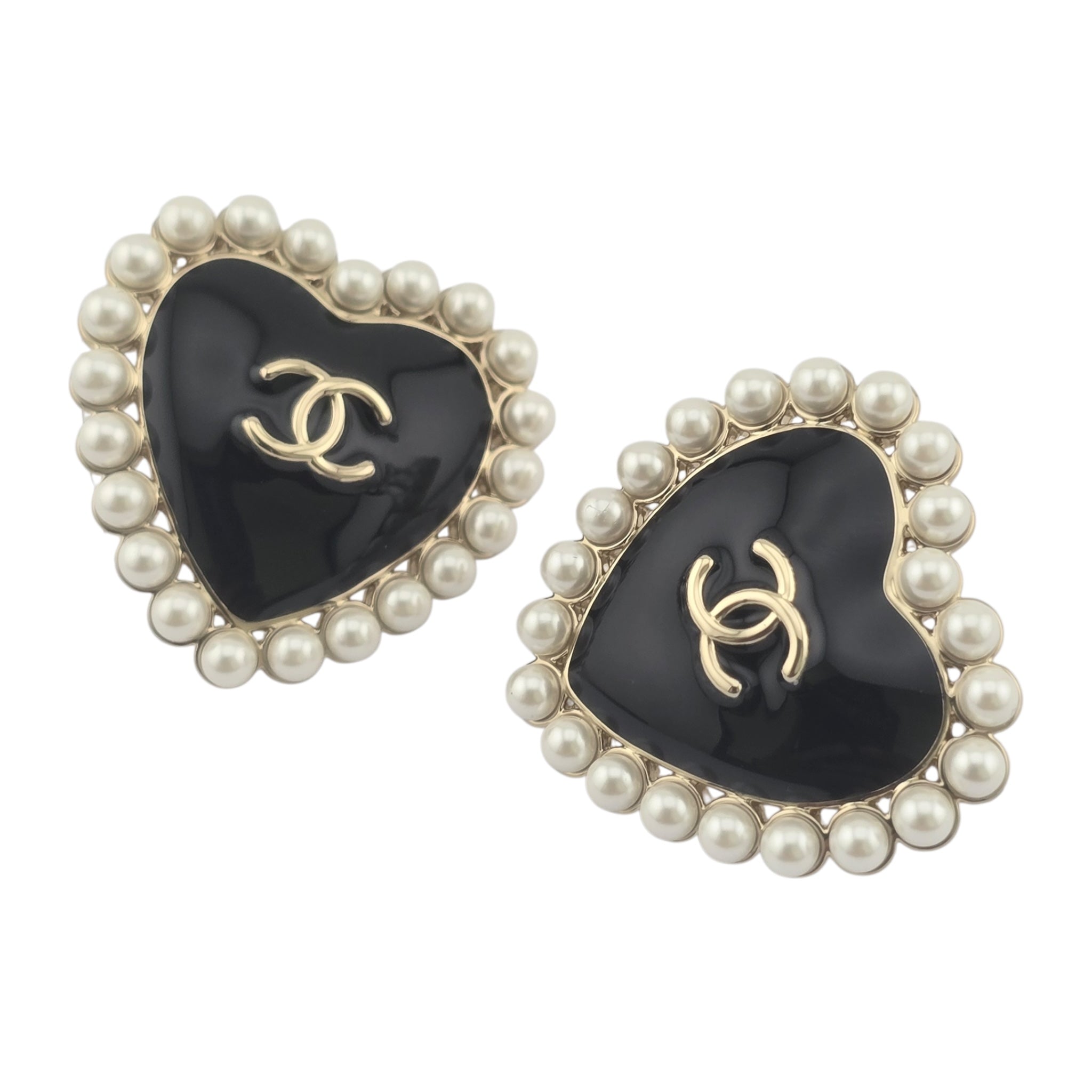 Chanel CC Black Gold Heart Faux Pearl Earrings 2025 CHANEL