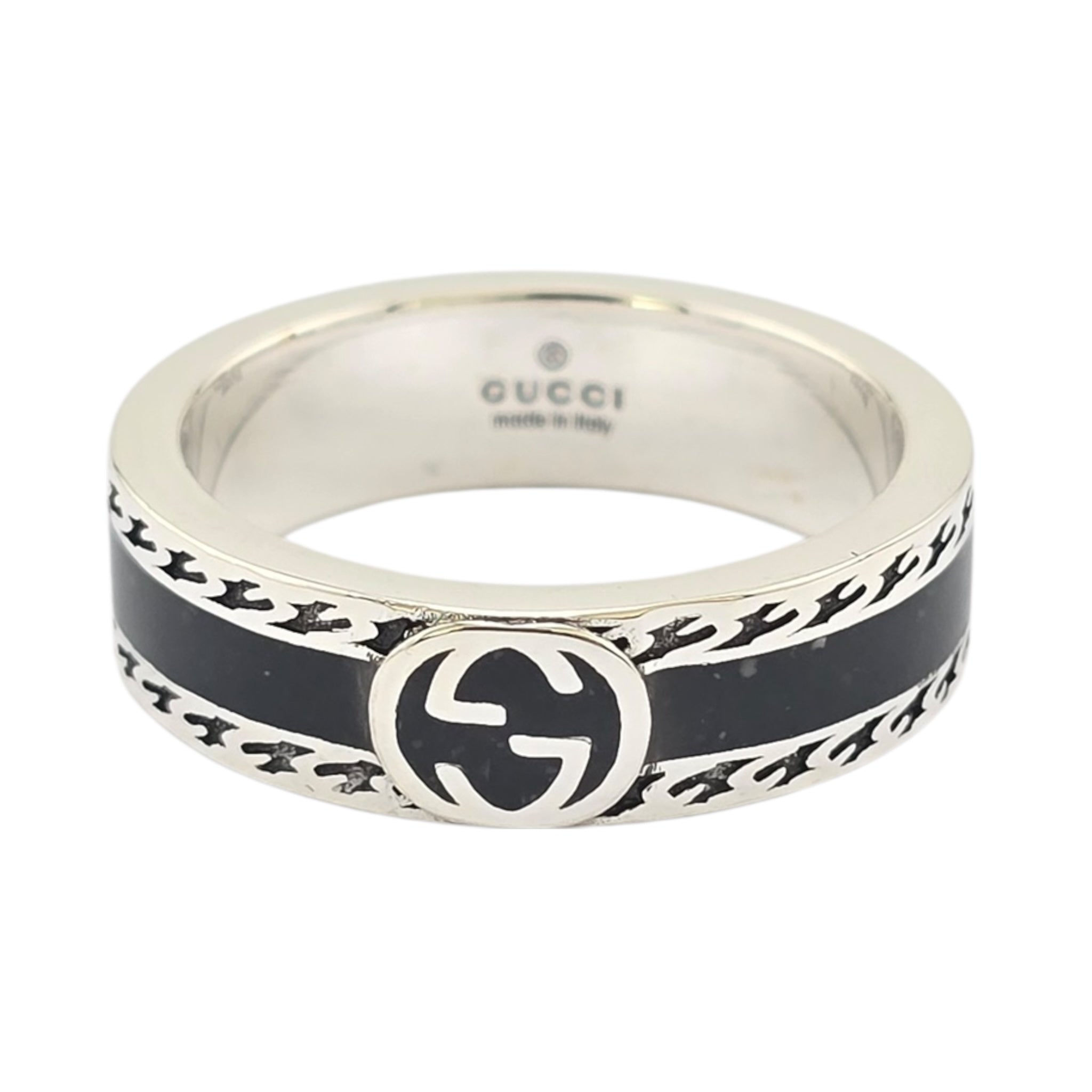 GUCCI Interlocking G Sterling Silver Black Enamel Ring GUCCI