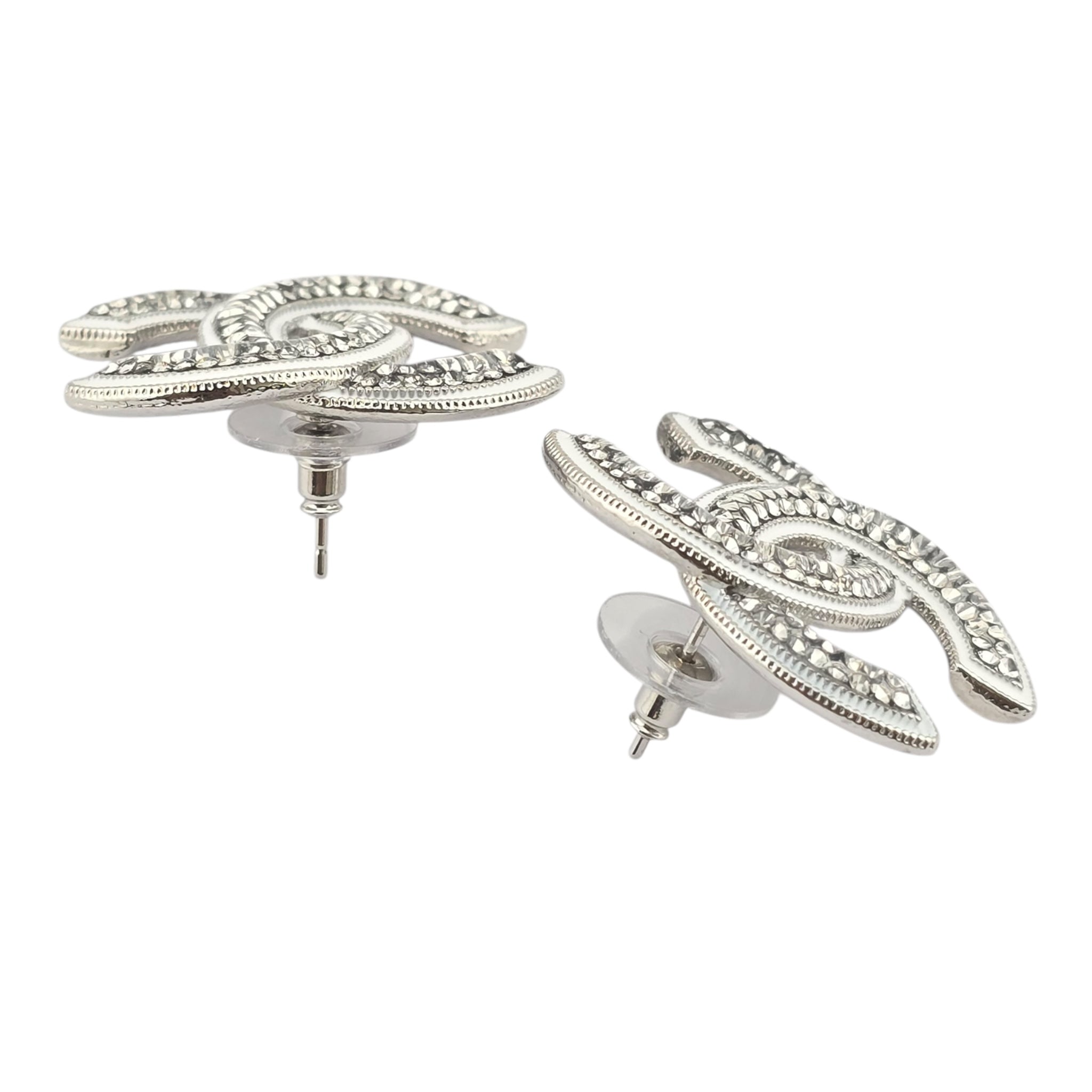 Chanel CC Silver Crystals Enamel Earrings 2025 CHANEL