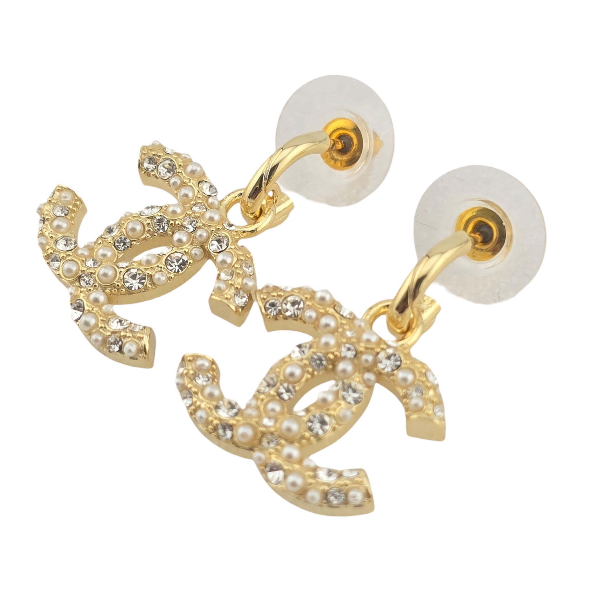 Chanel CC Gold Drop Crystal Faux Pearl Earrings 2022 CHANEL