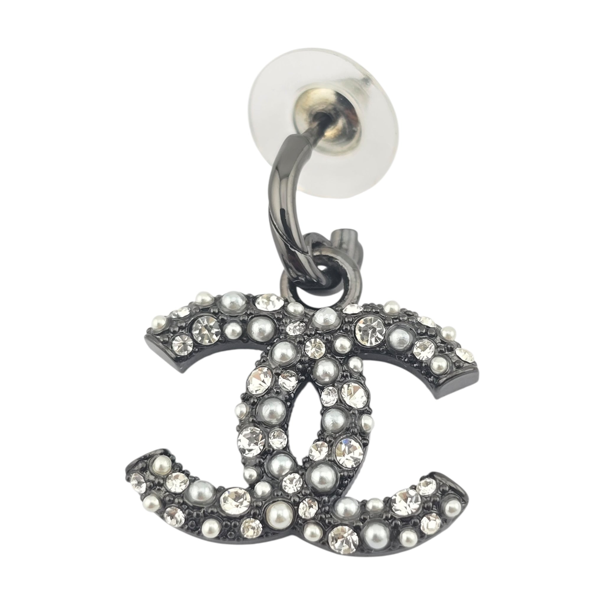 Chanel CC Ruthenium Drop Crystal Faux Pearl Earrings 2022 CHANEL