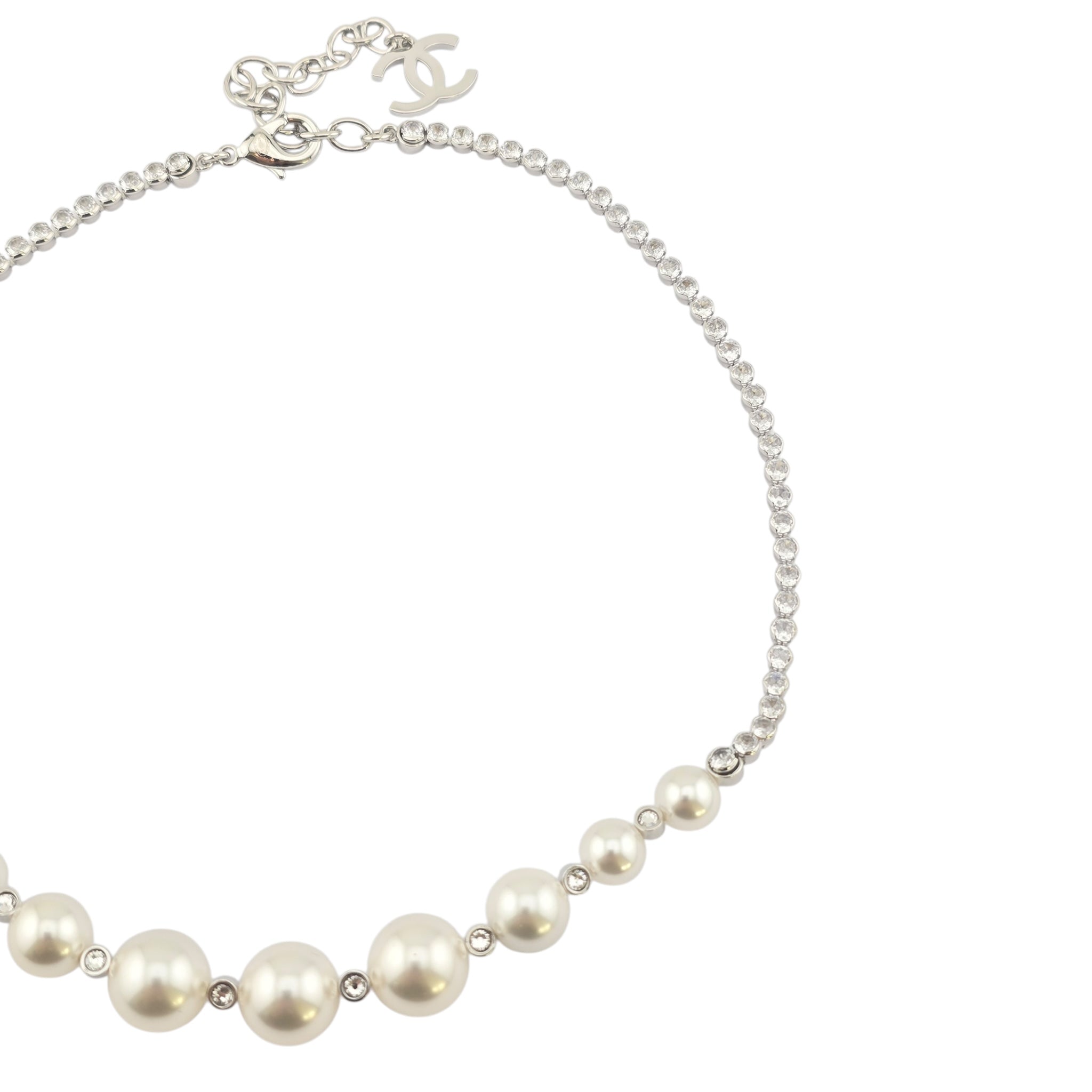 Chanel CC Faux Pearl Silver Crystal Necklace 2025 CHANEL