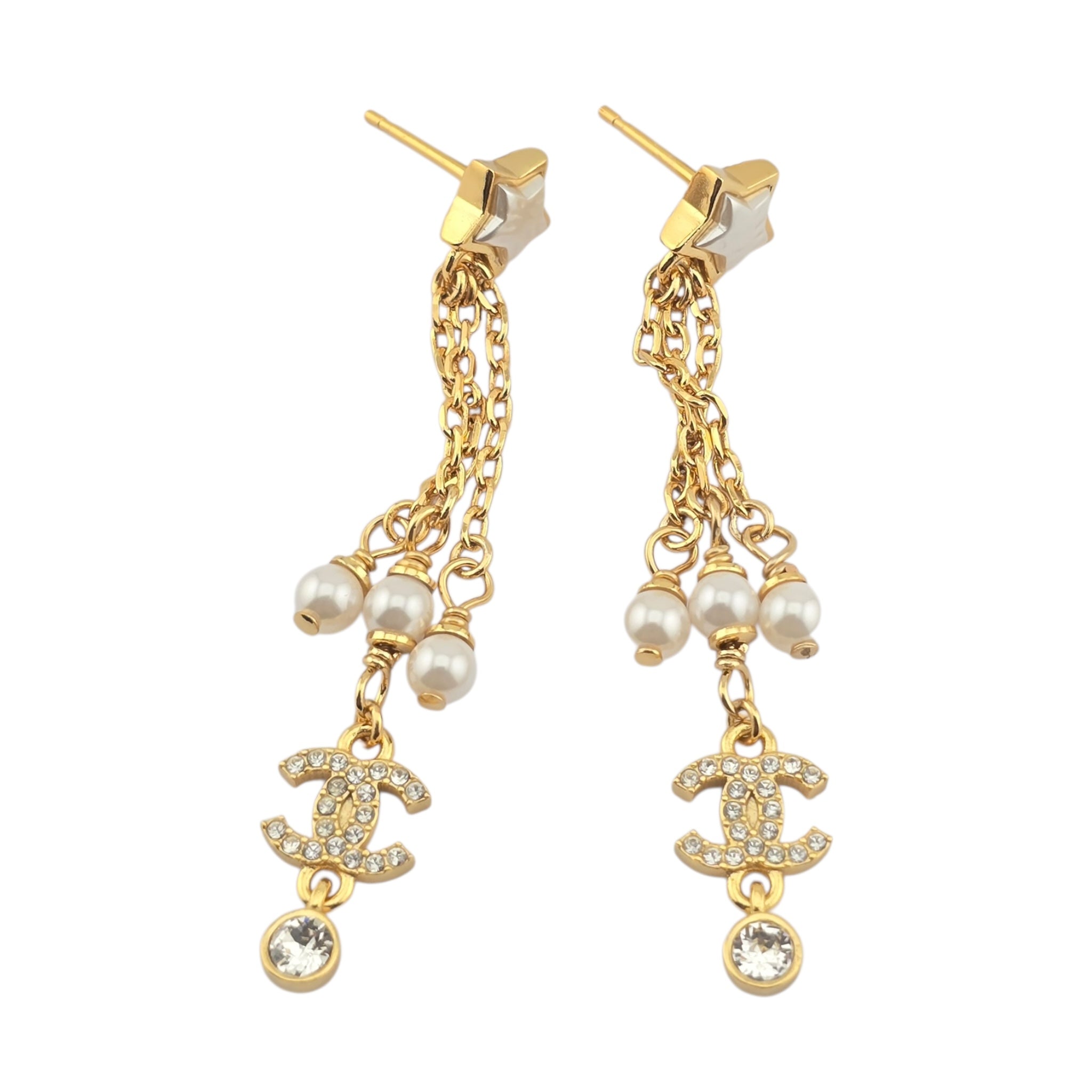 Chanel CC Faux Pearl Star Dangle Gold Earrings 2024