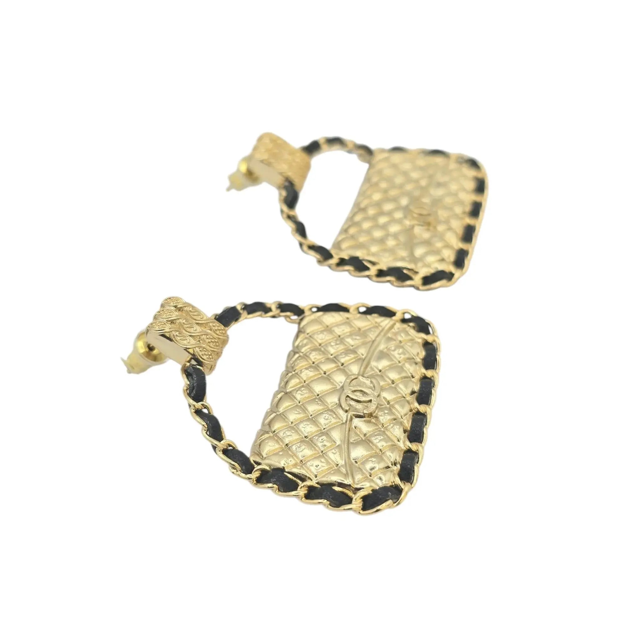 Chanel CC Gold Matelasse Leather Earrings B23 CHANEL