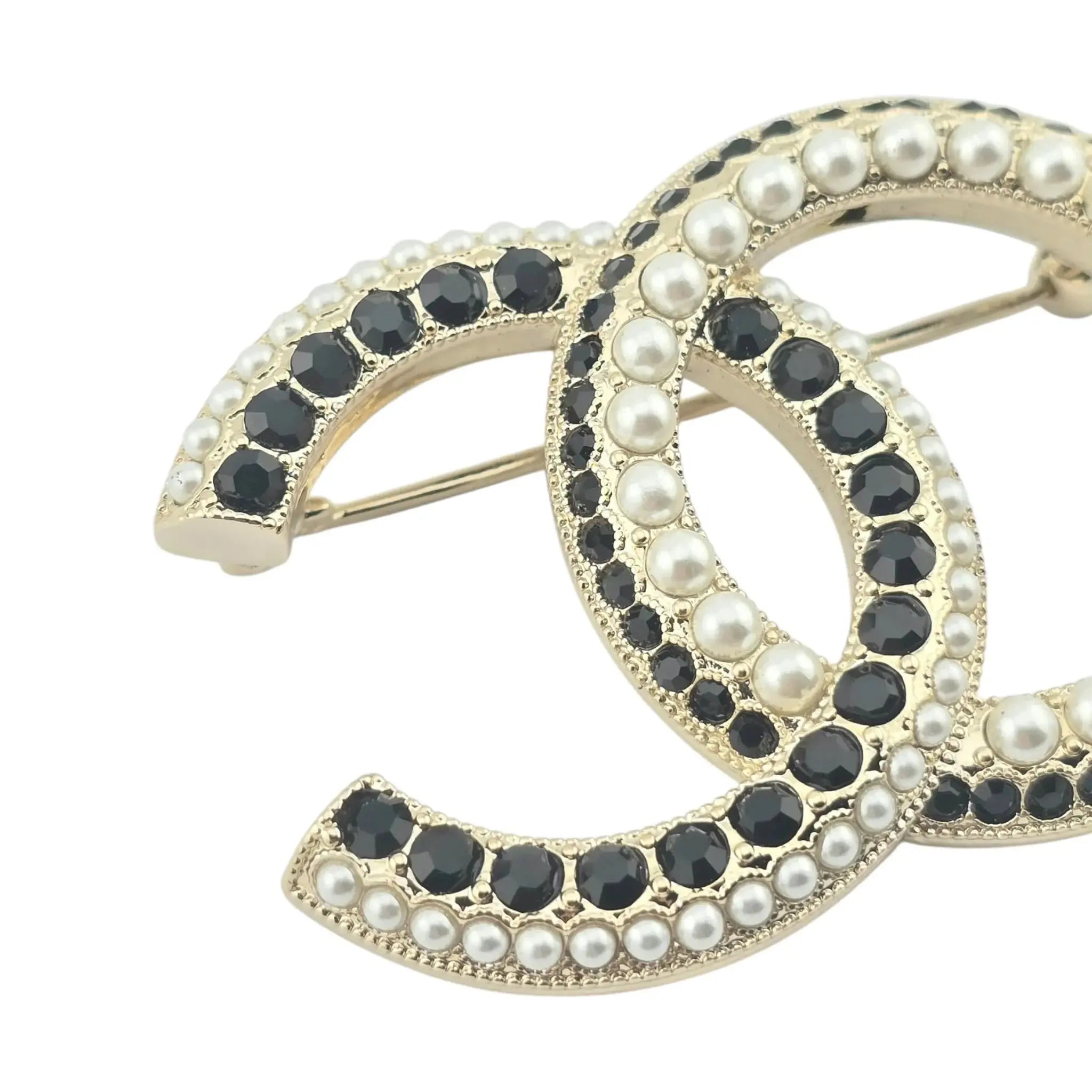 Chanel CC Gold Black Crystals Faux Pearl Brooch 2022 CHANEL