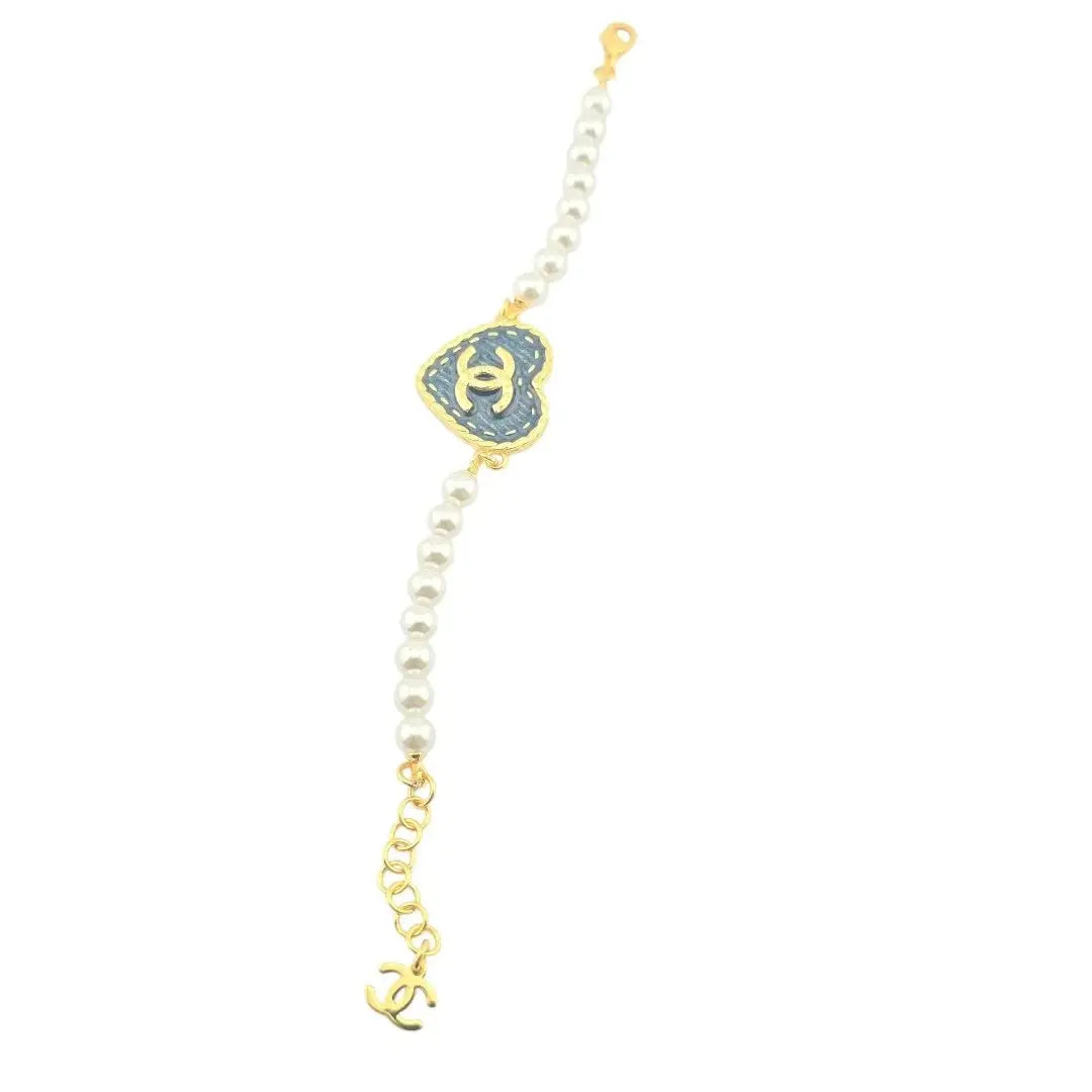 Chanel CC Faux Pearl Heart Denim Bracelet 24SS CHANEL