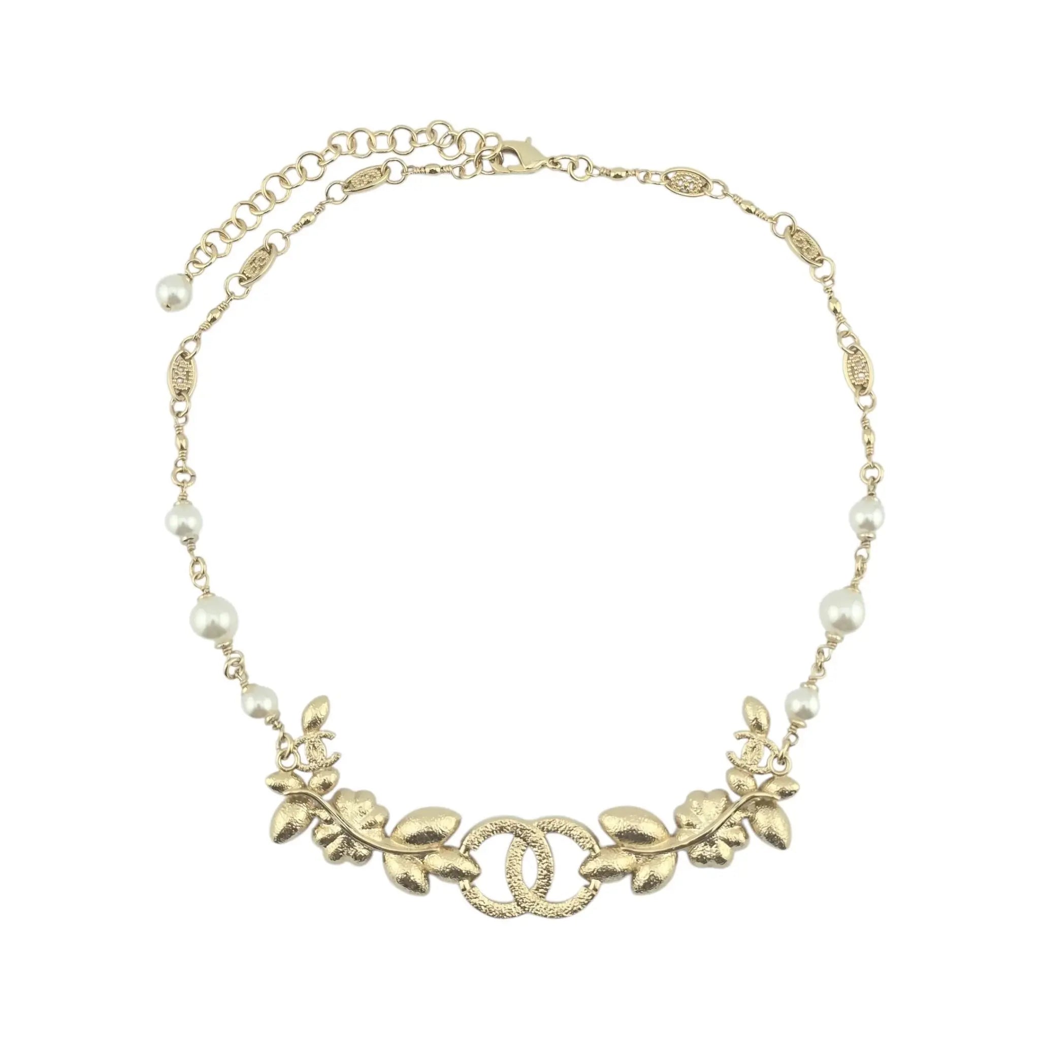 Chanel CC Flower Leaf Crystal Gold Necklace 2022 CHANEL