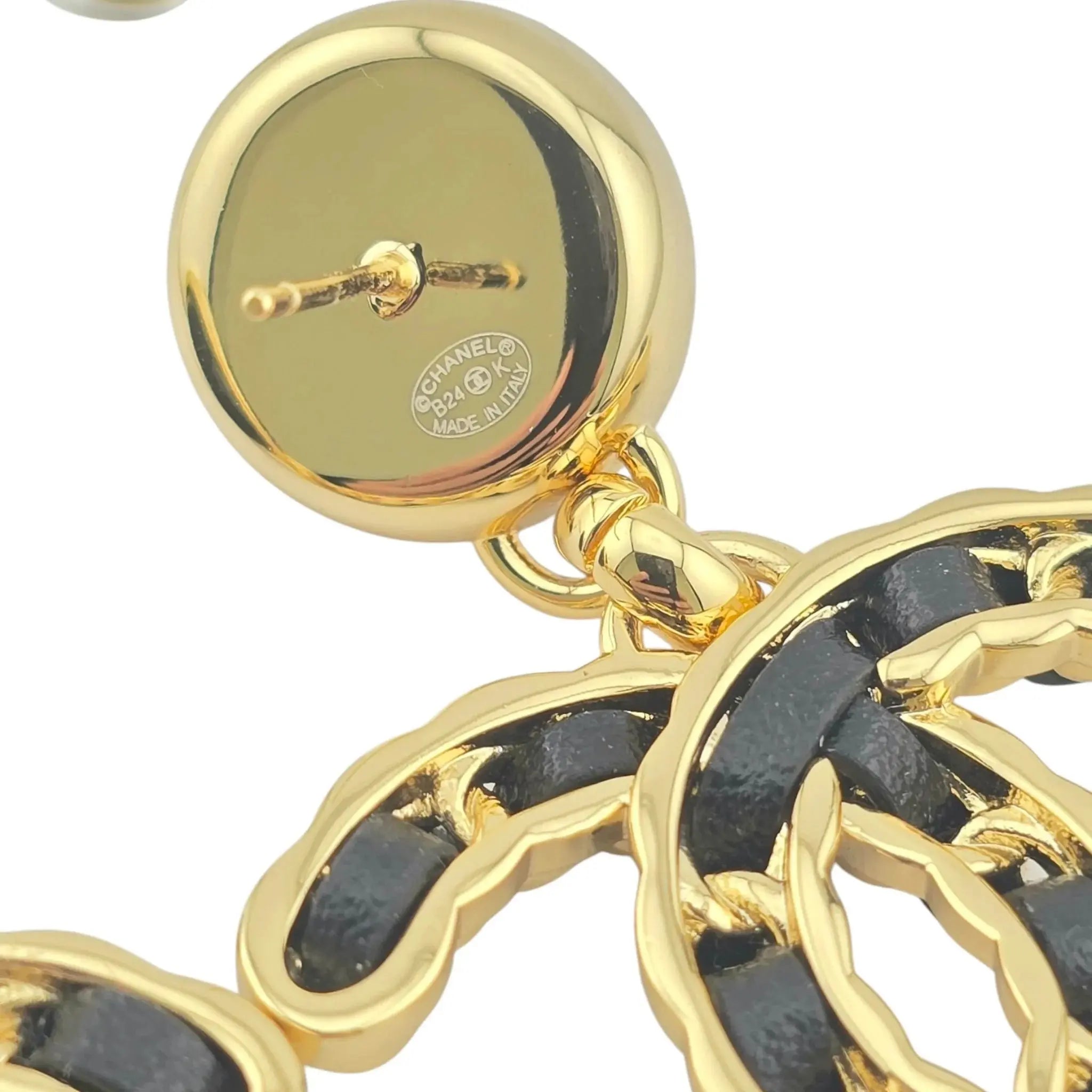 Chanel CC Gold Black Leather Drop Earrings B24 CHANEL