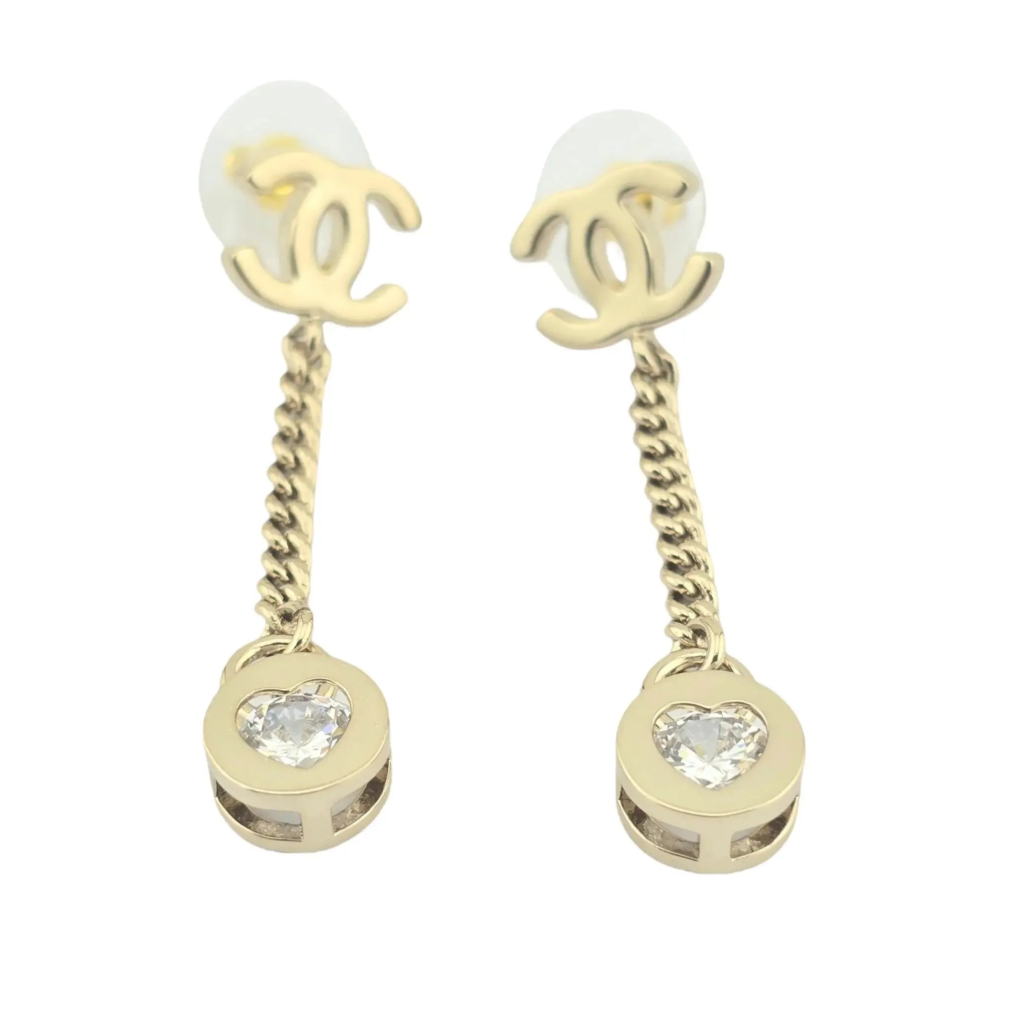 Chanel CC Crystal Gold Heart Drop Earrings 24B CHANEL