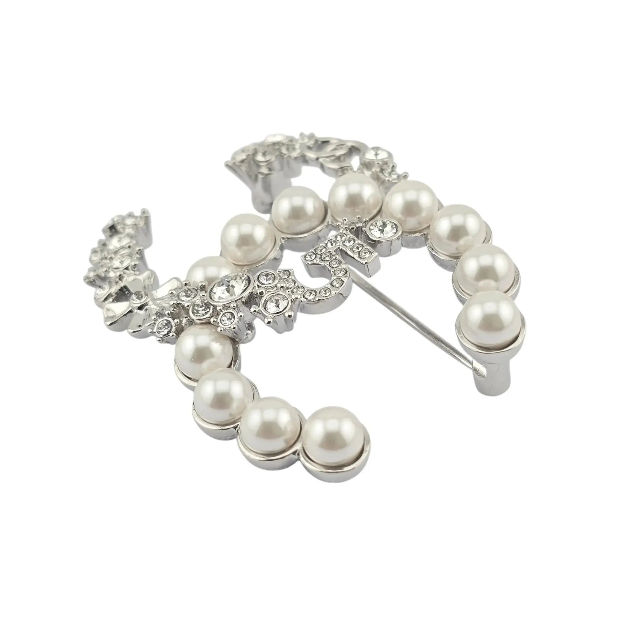 Chanel CC Crystal Pearl Star 5 Brooch Silver Pearly White B23 CHANEL