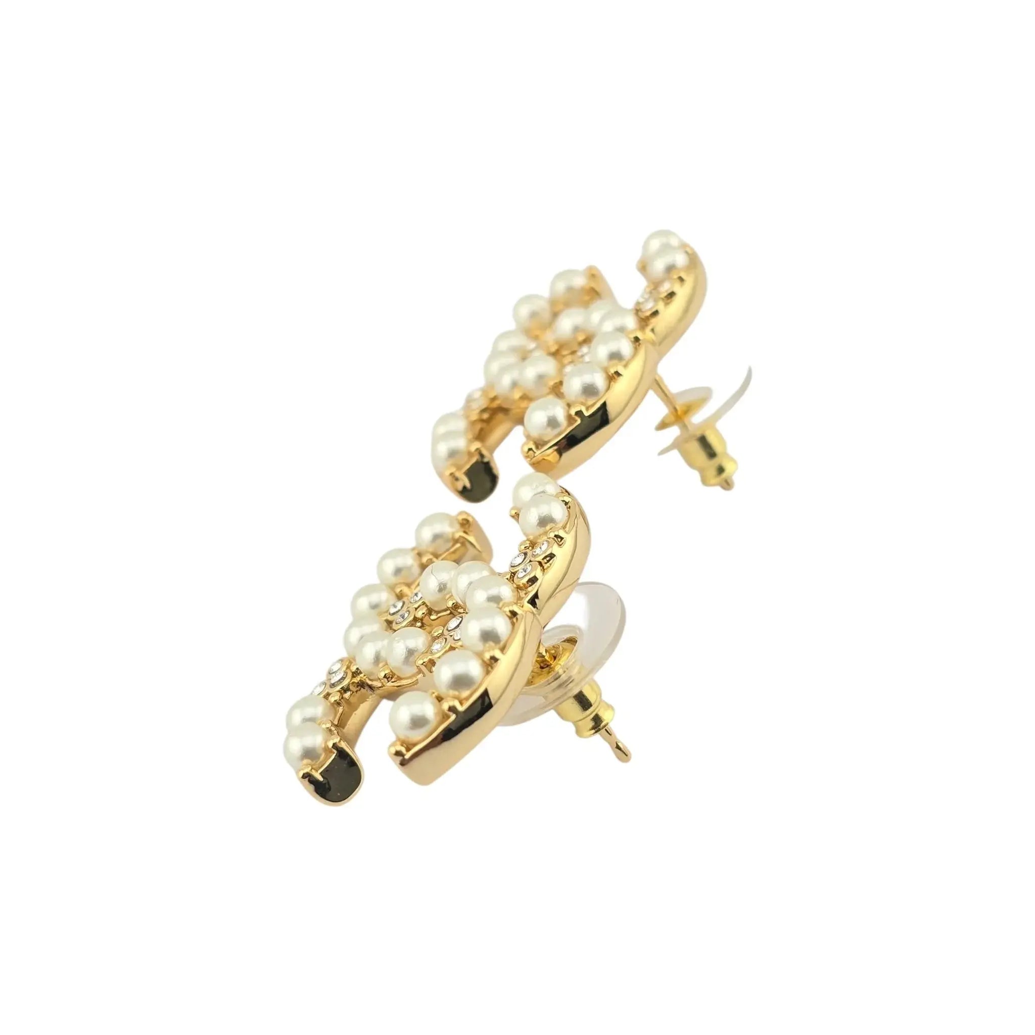 Chanel CC Gold Faux Pearl Crystal Earrings B24 CHANEL