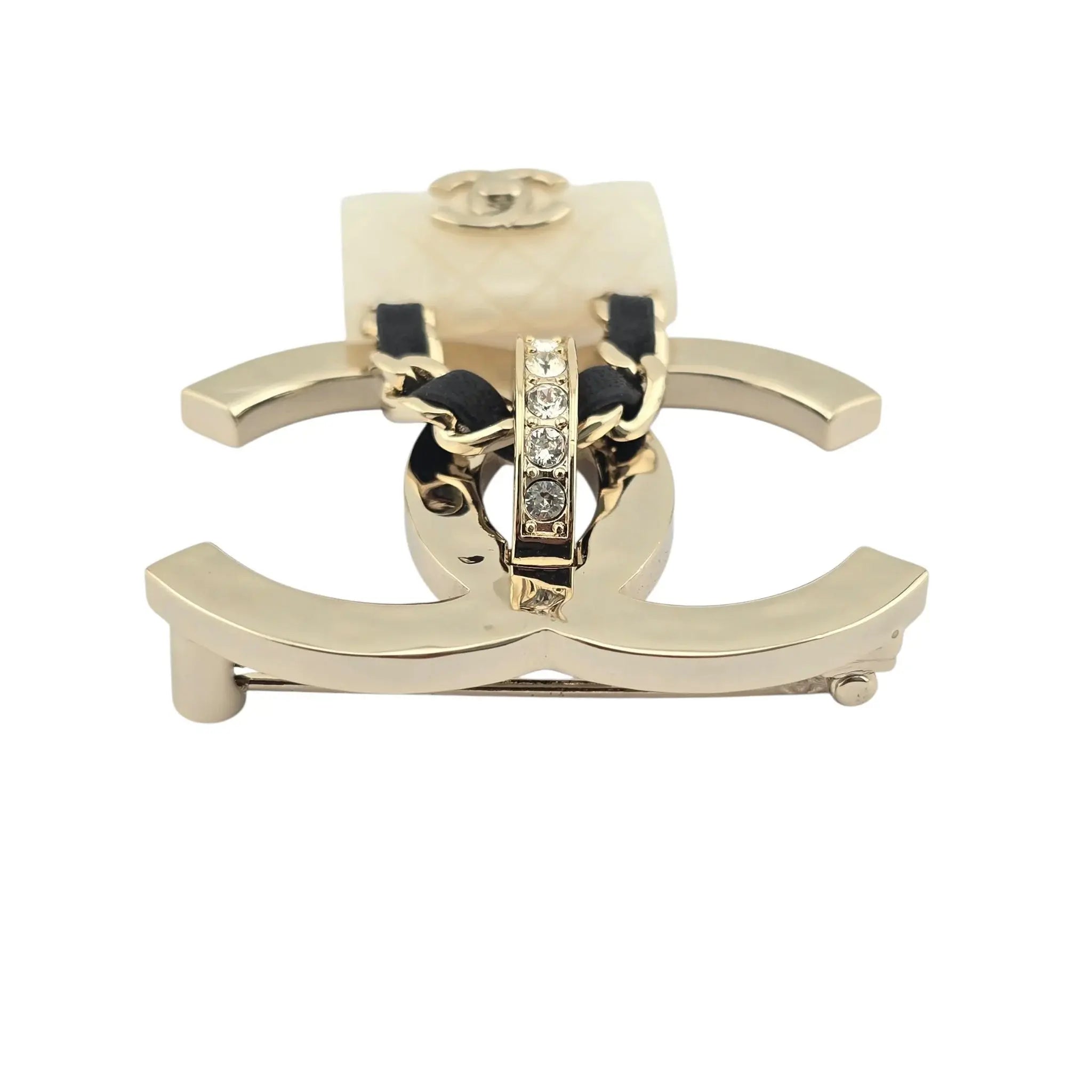 Chanel CC Crystal Resin Flap Bag Brooch Gold White 2023 CHANEL