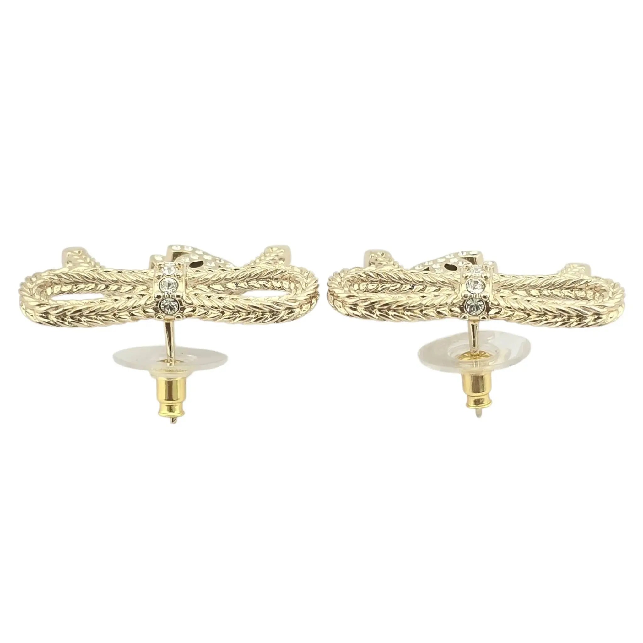 Chanel CC Crystal Bow Drop Earrings Gold 2024 CHANEL