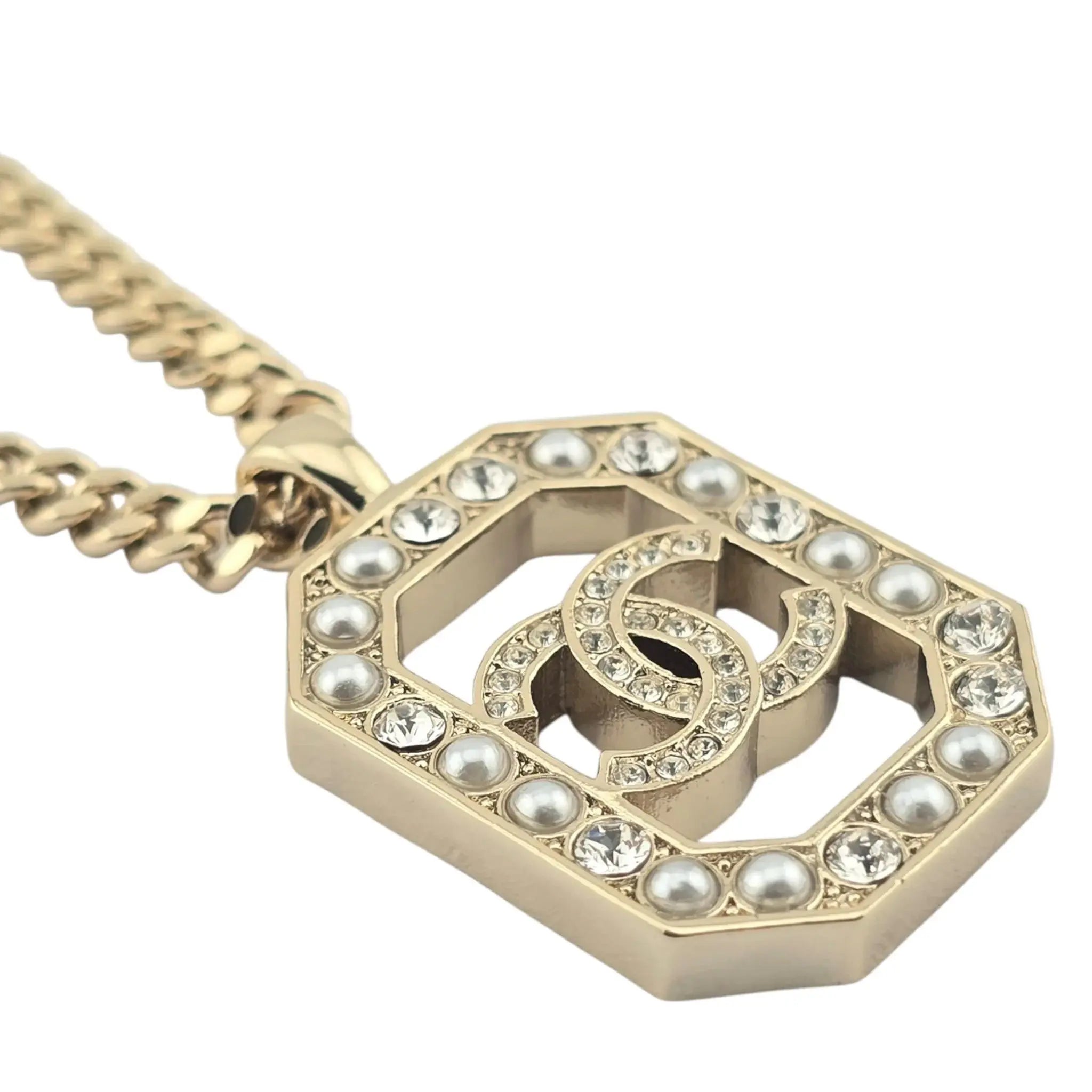 Chanel CC Crystal Pearl Square Pendant Necklace Gold 2023 CHANEL