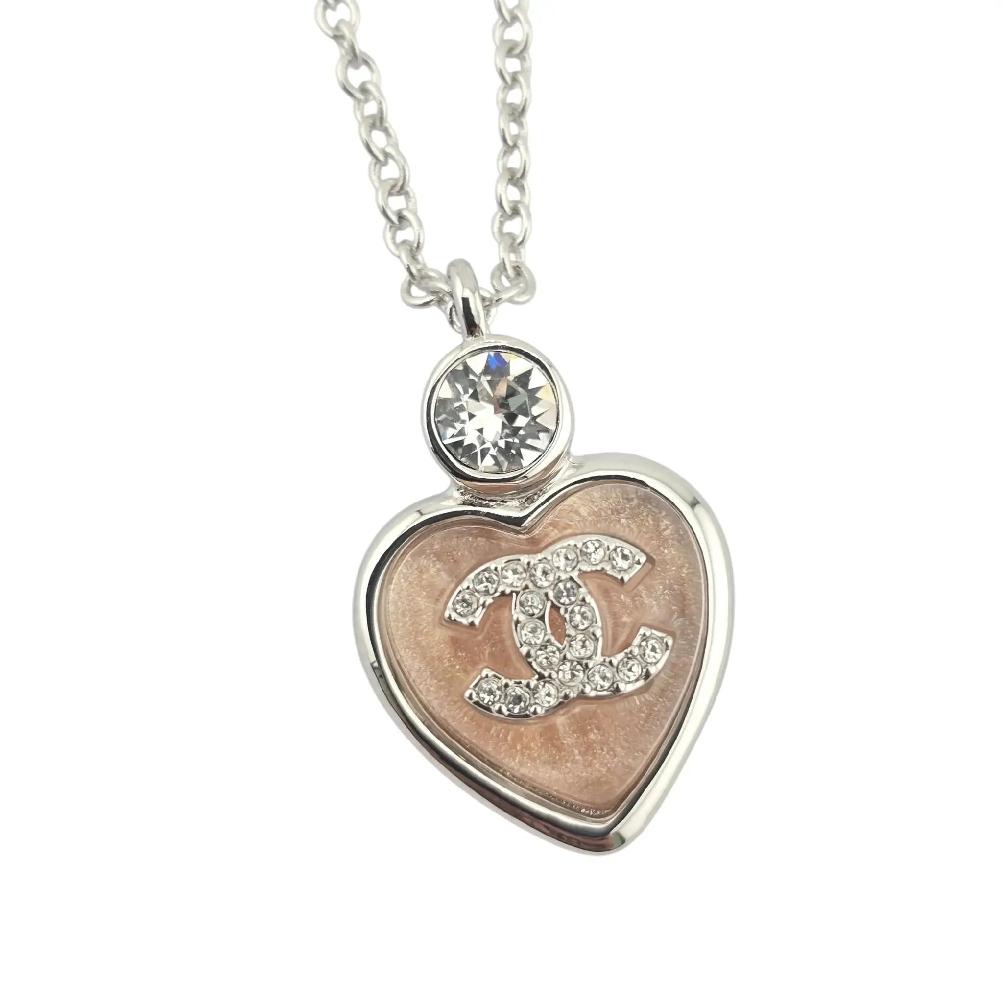Chanel CC Pink Heart Silver Crystal Metal Necklace B25 CHANEL