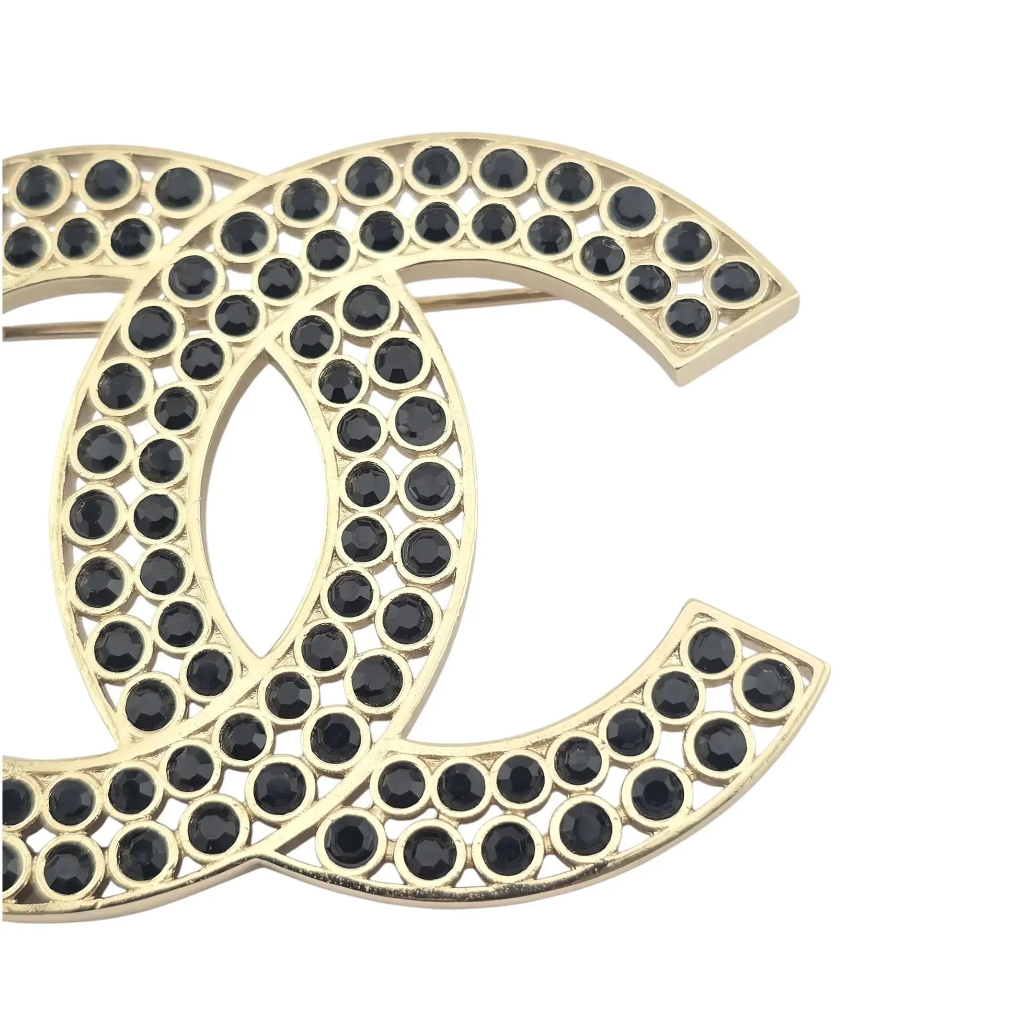 Chanel CC Metal Crystal Brooch Gold Black 2023 CHANEL