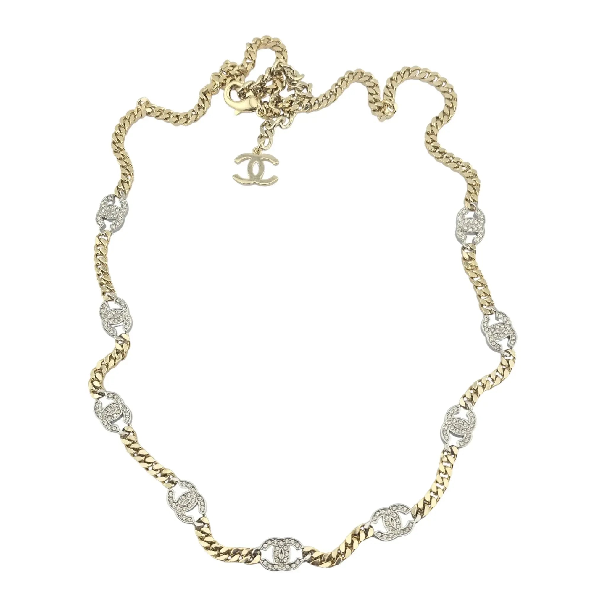 Chanel CC Gold Crystal Chain Silver Long Necklace 2021 CHANEL
