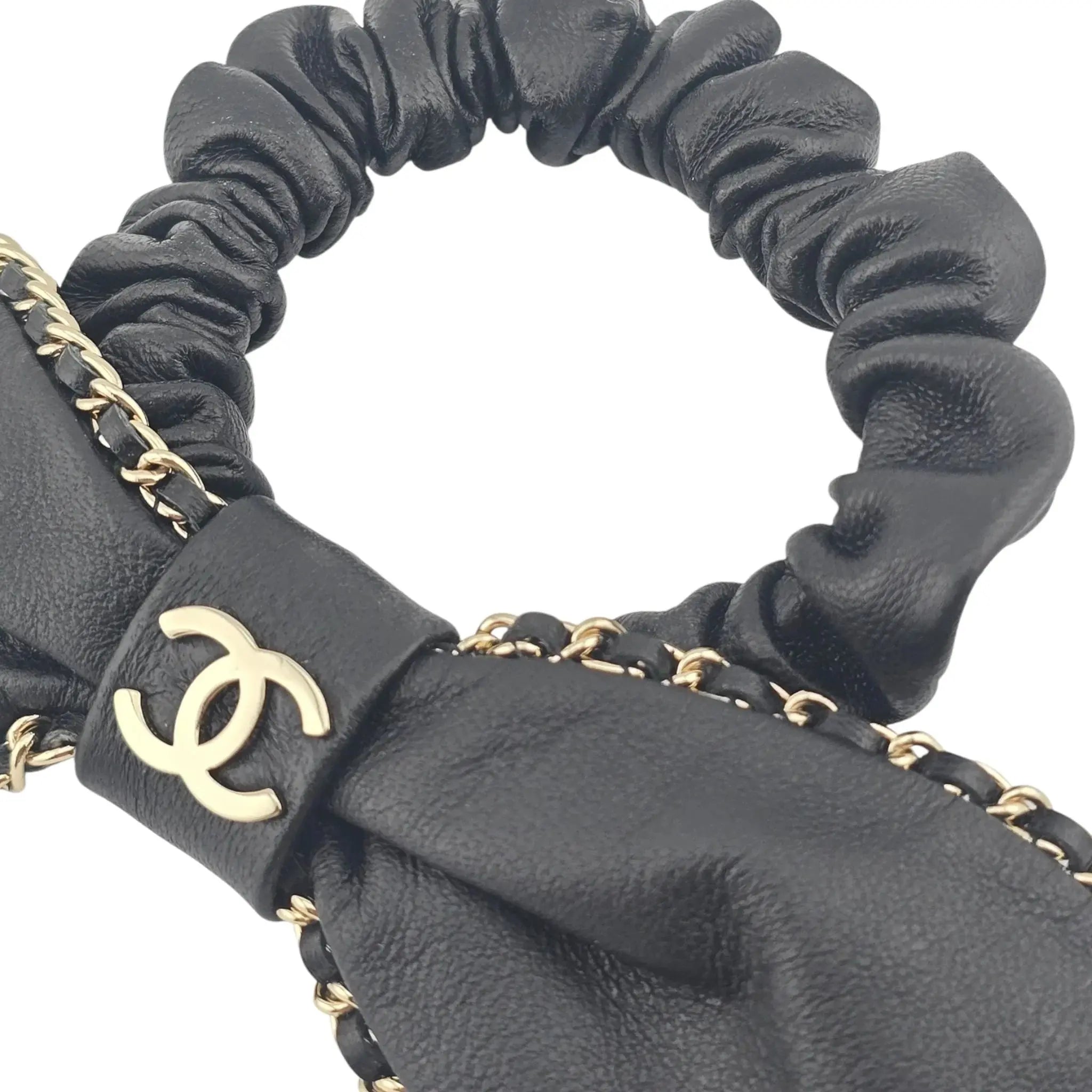 Chanel CC Lambskin Chain Hair Bow Tie Black Gold CHANEL