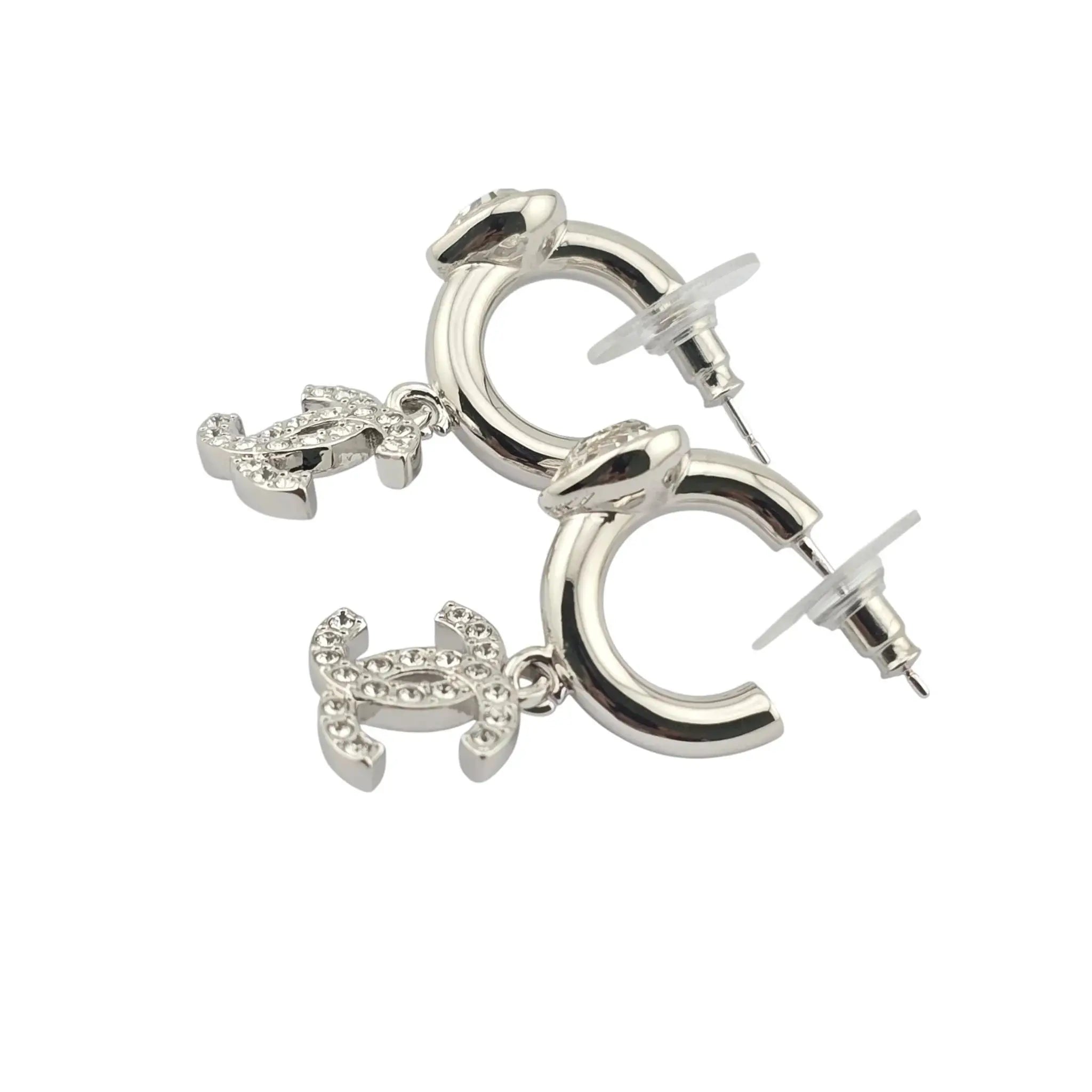 Chanel CC Crystal Heart Drop Silver Earrings 2025 CHANEL
