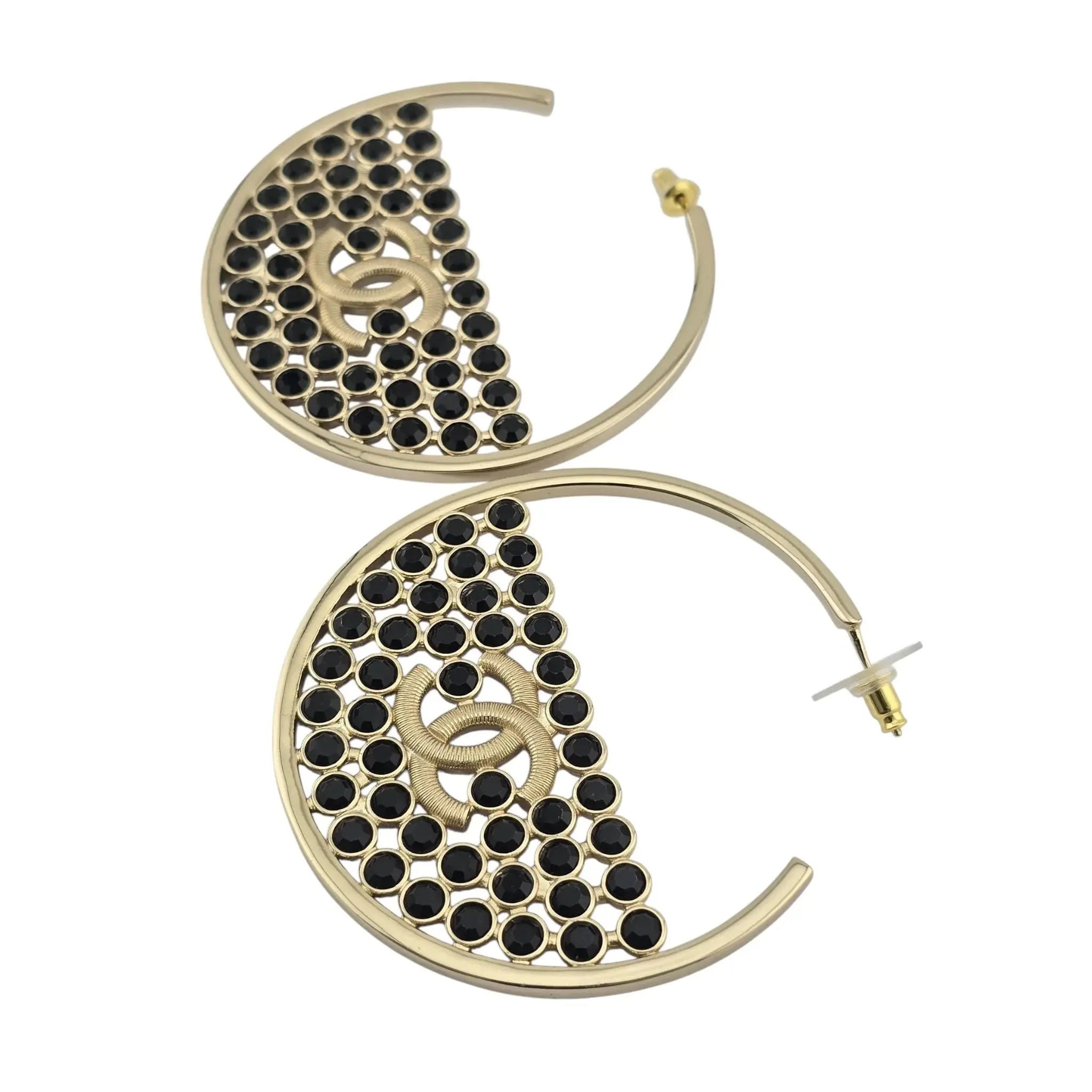 Chanel CC Black Crystal Gold Hoop Earrings SS23 CHANEL