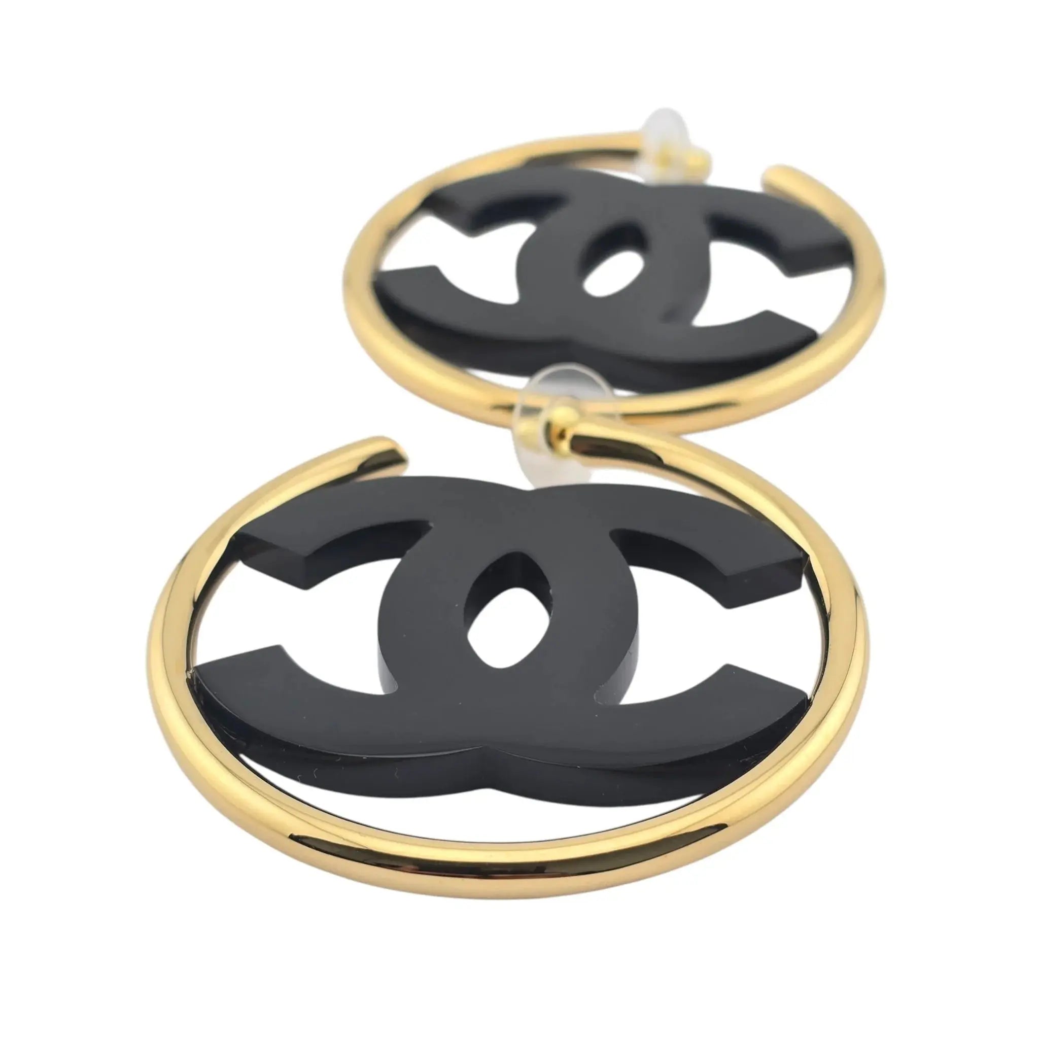 Chanel CC Black/Gold Hoop Earrings B24 CHANEL