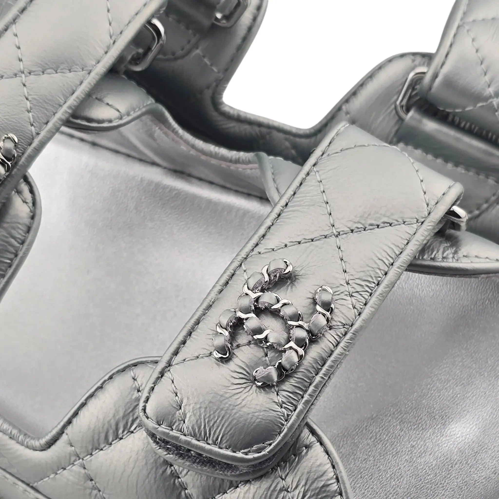 Chanel CC Silver Metallic Leather Dad Sandals CHANEL