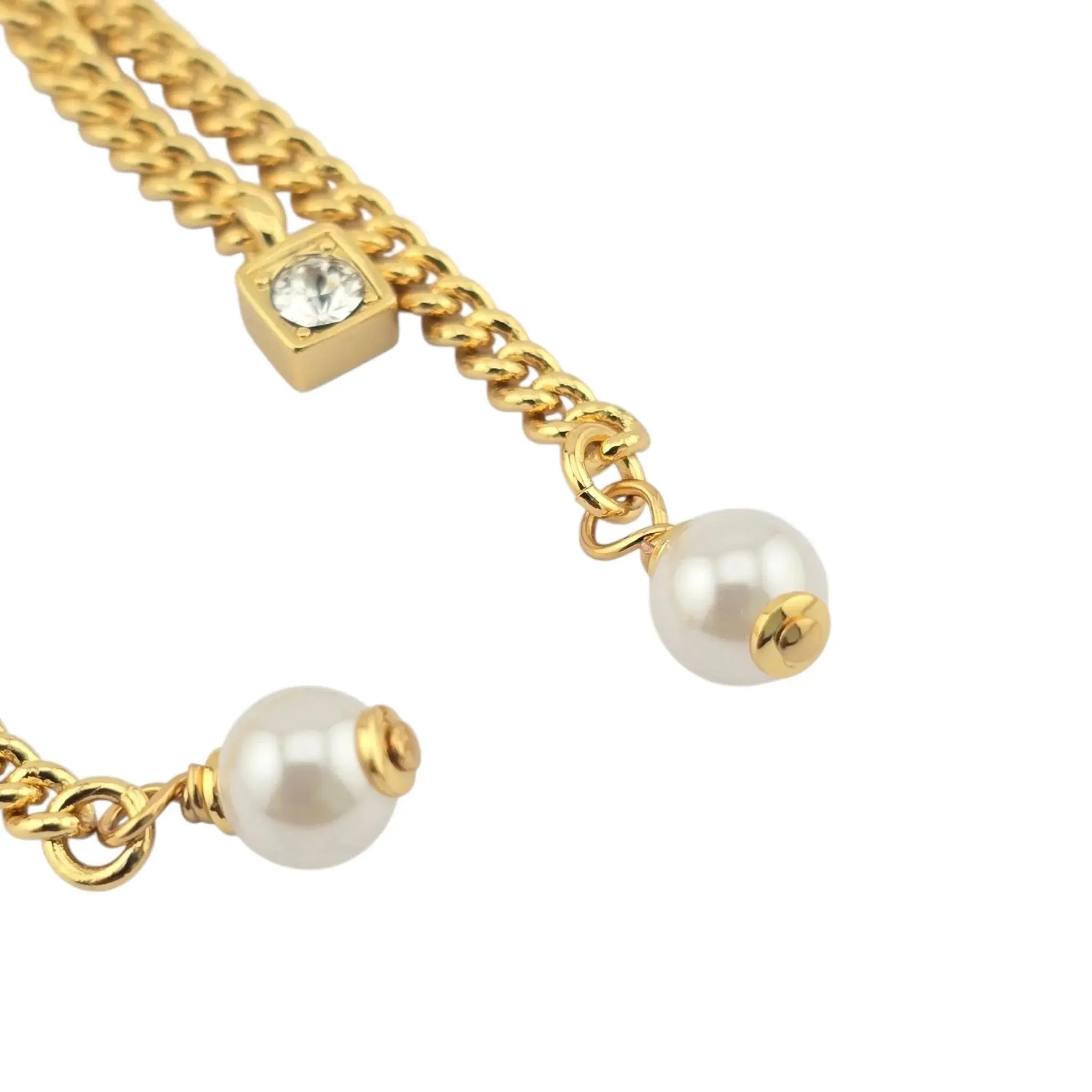 Chanel CC Crystal Pearl Quilted Chain Drop Earrings Gold CHANEL