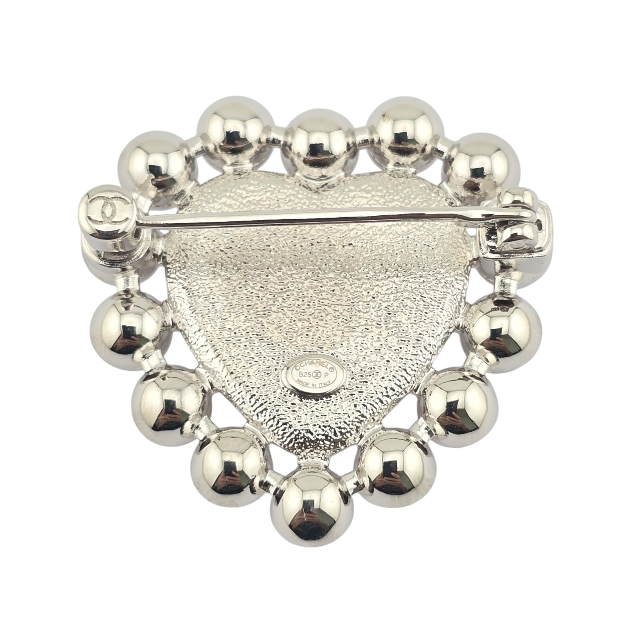 Chanel CC Silver Pink Heart Crystal Faux Pearl Brooch 2025 CHANEL