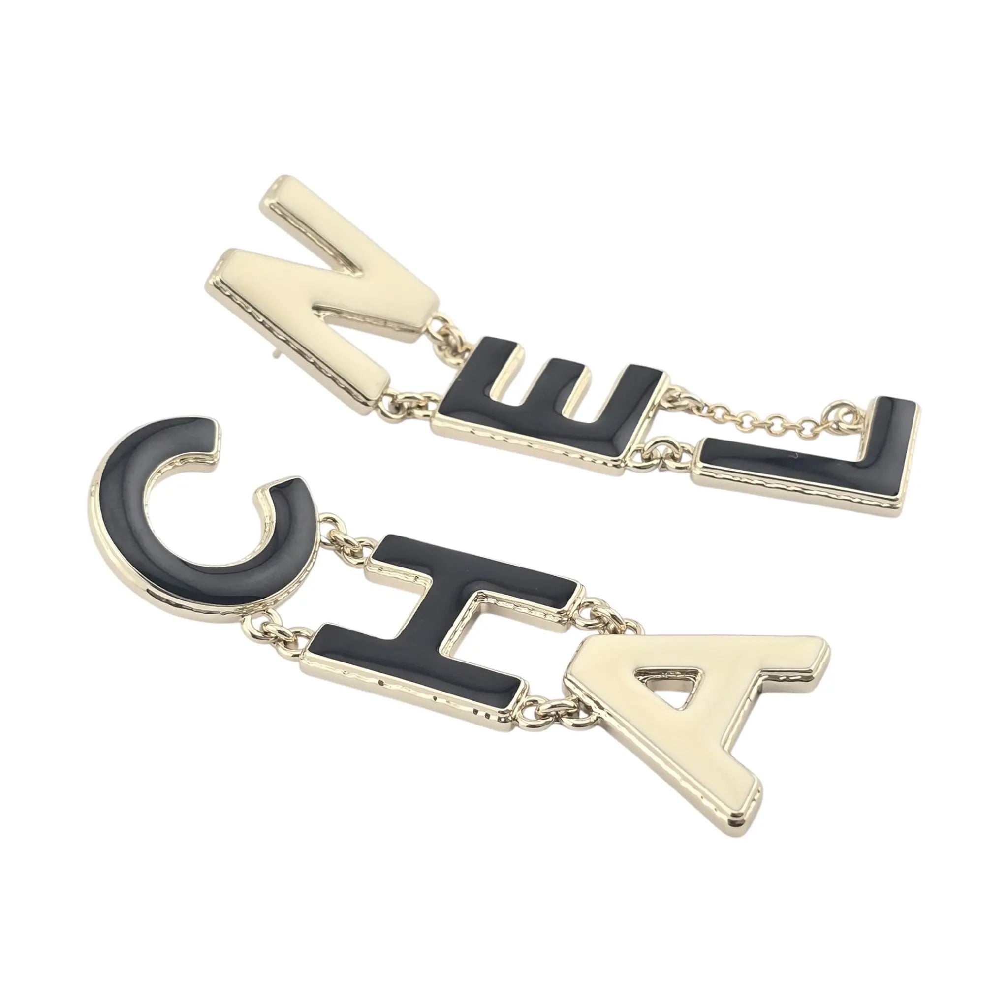 Chanel Metal Enamel Cha-Nel Logo Drop Earrings Black White CHANEL