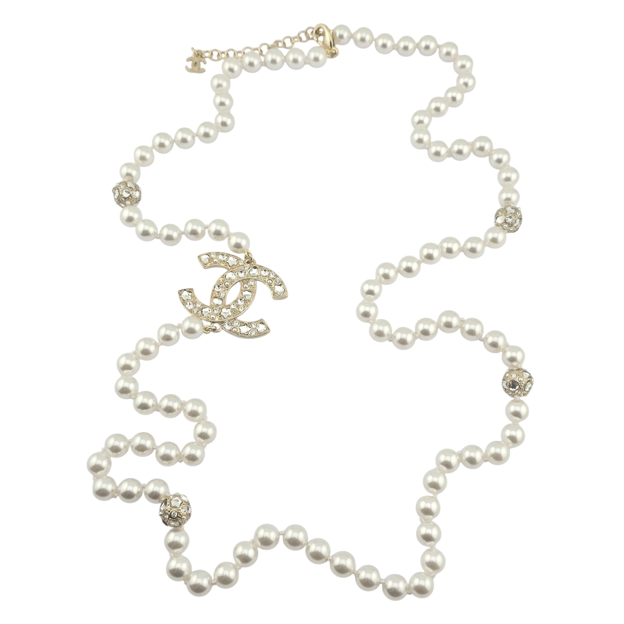 Chanel CC Faux Pearl Crystal Long Necklace 2025