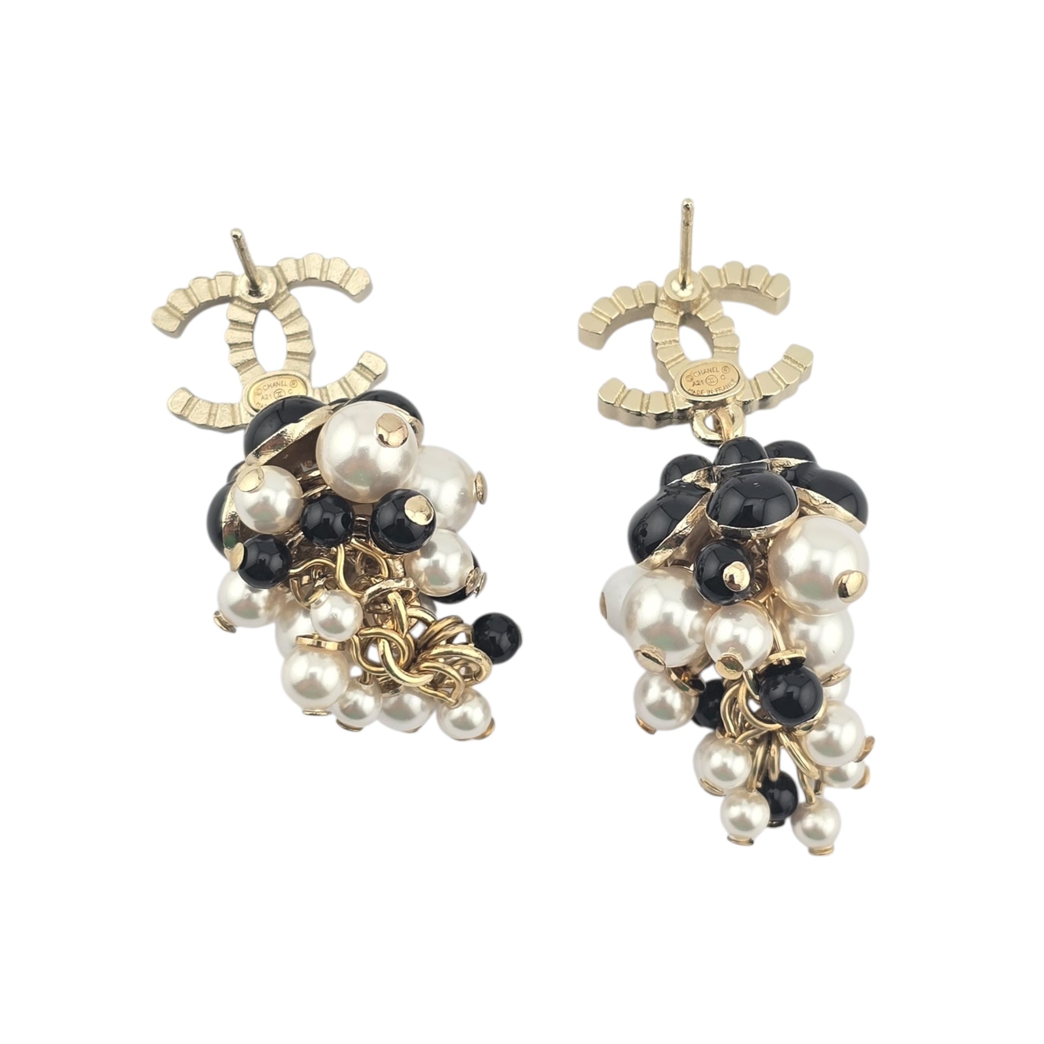 Chanel CC Faux Pearl White Black Gold Earrings CHANEL