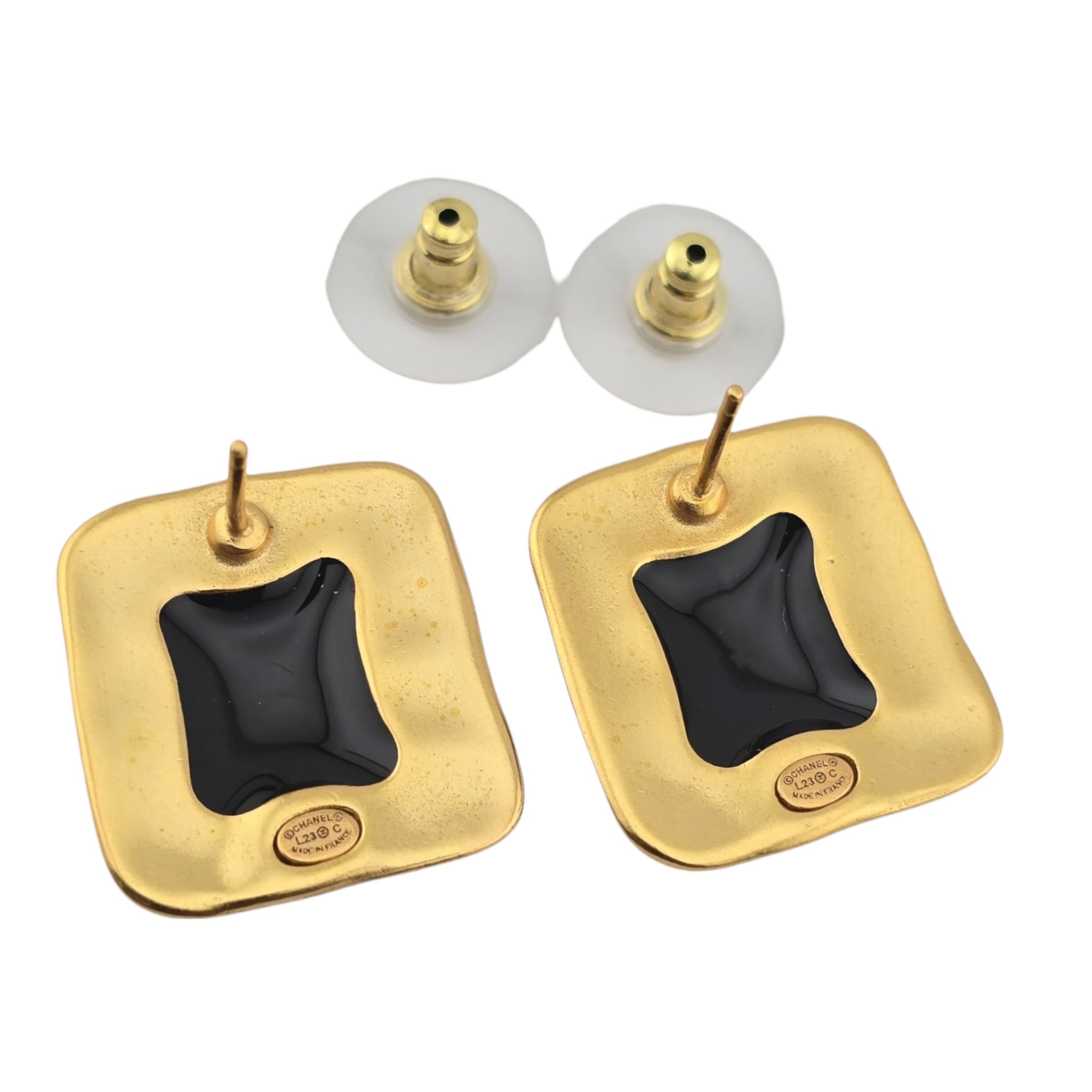 Chanel CC Resin Gold Black Square Earrings 2023 CHANEL