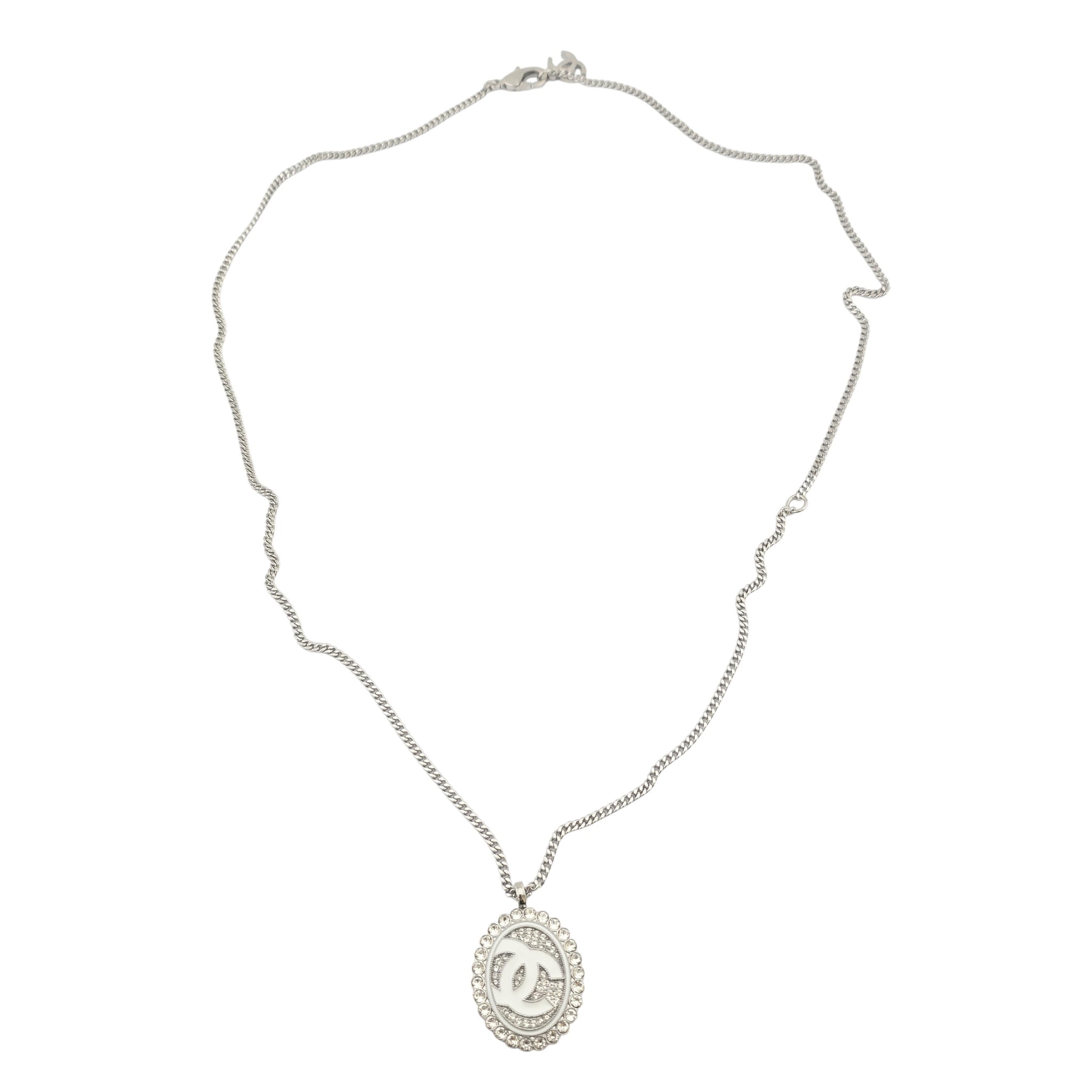 Chanel CC Silver Crystal Oval Pendant Necklace 2025 CHANEL
