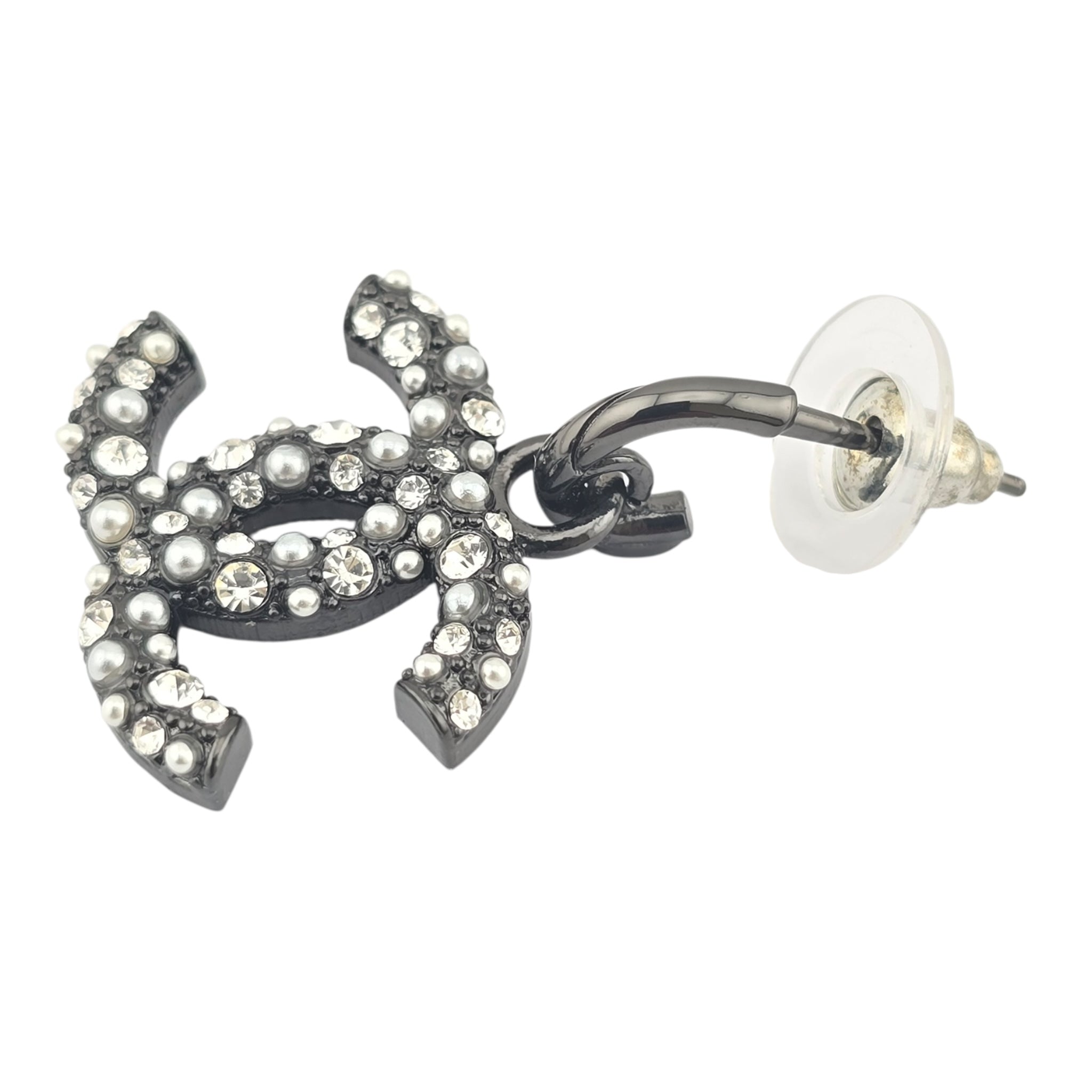 Chanel CC Ruthenium Drop Crystal Faux Pearl Earrings 2022 CHANEL