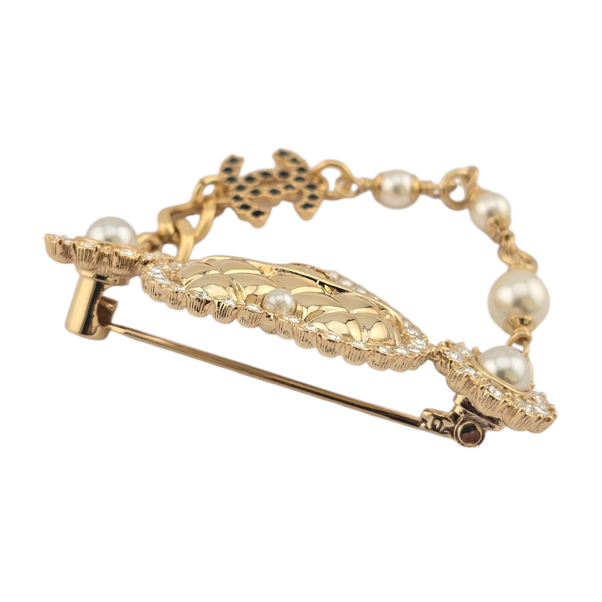 Chanel CC Gold Heart Crystal Faux Pearl Brooch 2024 CHANEL