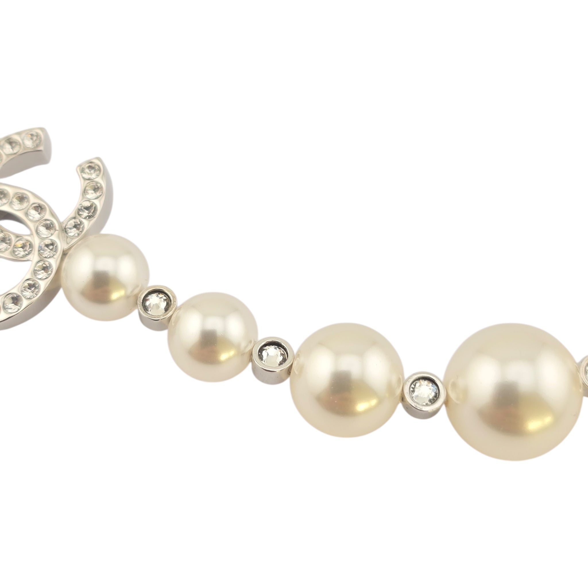Chanel CC Faux Pearl Silver Crystal Necklace 2025 CHANEL